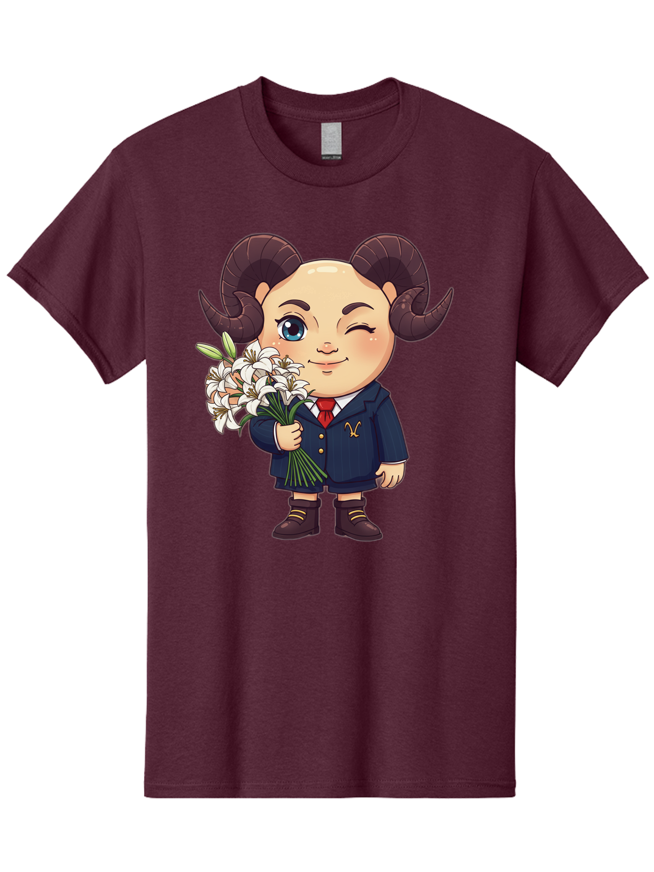 Aries-Zodiac-Cartoon-Character Men'S Graphic Tee, 100% Cotton, Comfortable Casual Summer Wear, Machine Washable, Cartoon Aries Character, Formal Attire, Bouquet Of White Flowers, Astrology Symbol, Zodiac Sign, Unique Illustration, Bae117 7