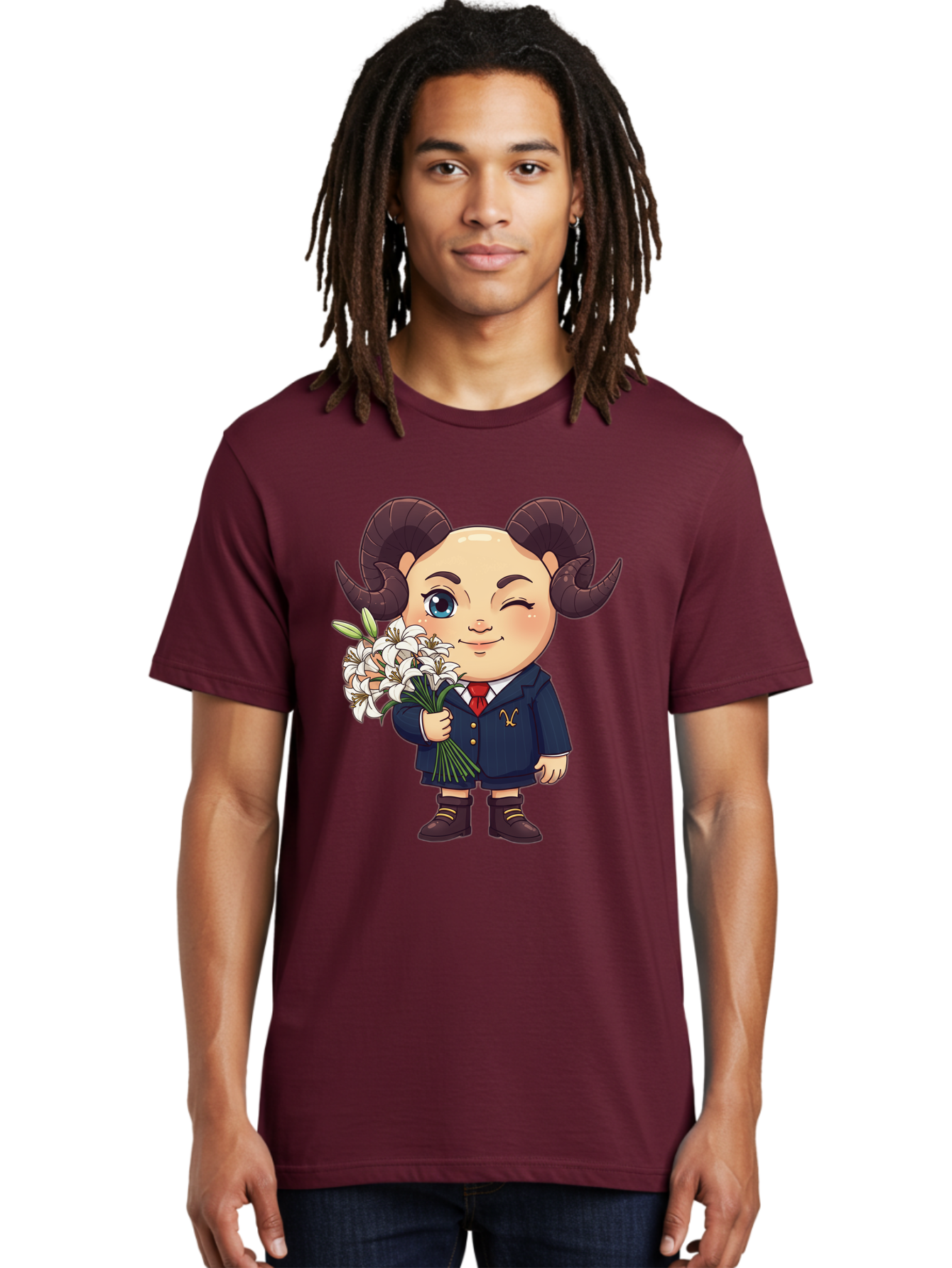 Aries-Zodiac-Cartoon-Character Men'S Graphic Tee, 100% Cotton, Comfortable Casual Summer Wear, Machine Washable, Cartoon Aries Character, Formal Attire, Bouquet Of White Flowers, Astrology Symbol, Zodiac Sign, Unique Illustration, Bae117 22