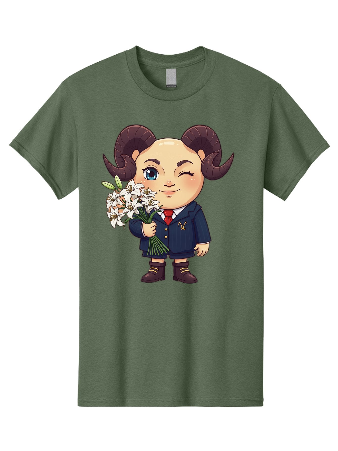 Aries-Zodiac-Cartoon-Character Men'S Graphic Tee, 100% Cotton, Comfortable Casual Summer Wear, Machine Washable, Cartoon Aries Character, Formal Attire, Bouquet Of White Flowers, Astrology Symbol, Zodiac Sign, Unique Illustration, Bae117 4