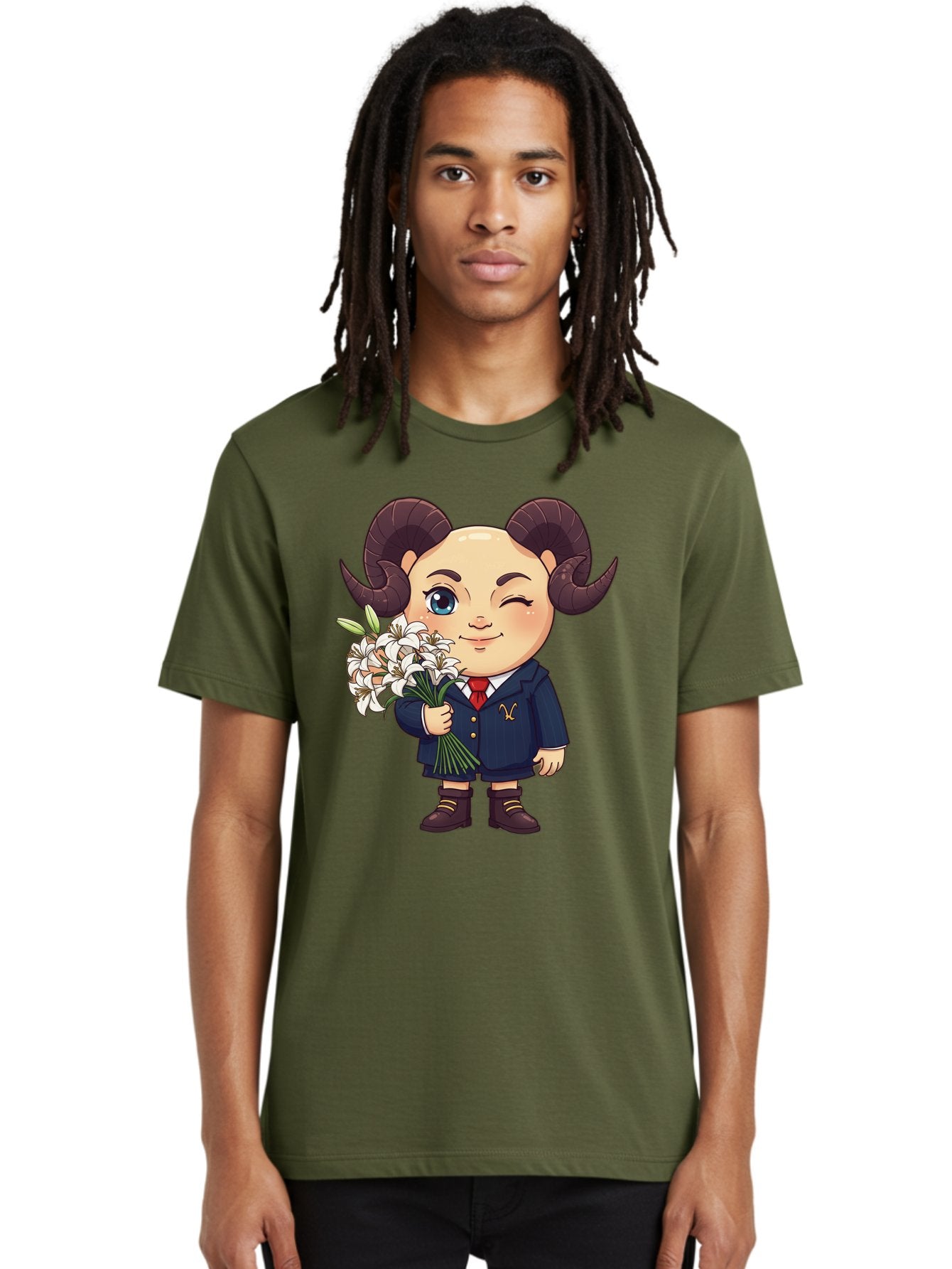 Aries-Zodiac-Cartoon-Character Men'S Graphic Tee, 100% Cotton, Comfortable Casual Summer Wear, Machine Washable, Cartoon Aries Character, Formal Attire, Bouquet Of White Flowers, Astrology Symbol, Zodiac Sign, Unique Illustration, Bae117 18