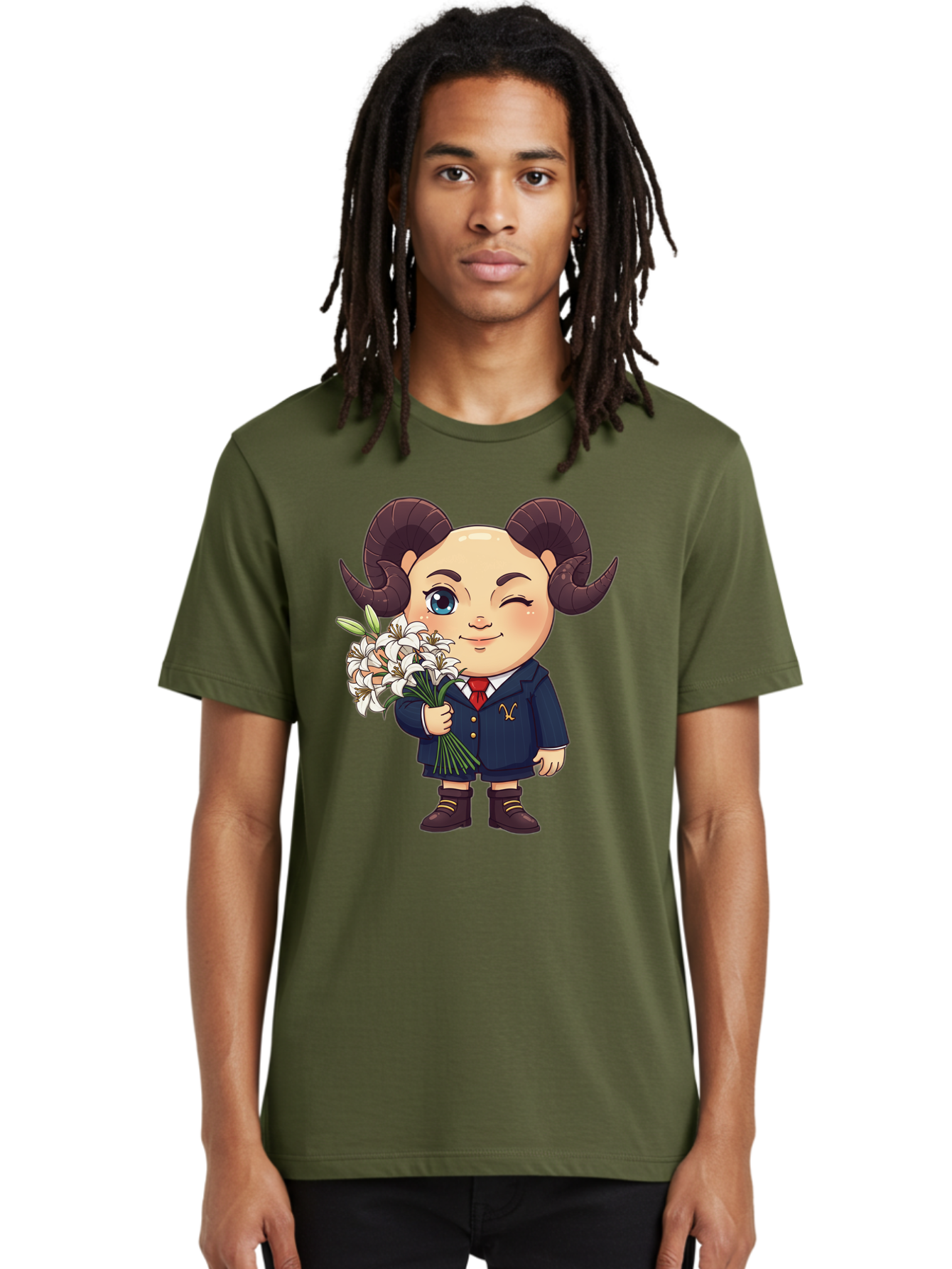 Aries-Zodiac-Cartoon-Character Men'S Graphic Tee, 100% Cotton, Comfortable Casual Summer Wear, Machine Washable, Cartoon Aries Character, Formal Attire, Bouquet Of White Flowers, Astrology Symbol, Zodiac Sign, Unique Illustration, Bae117 27