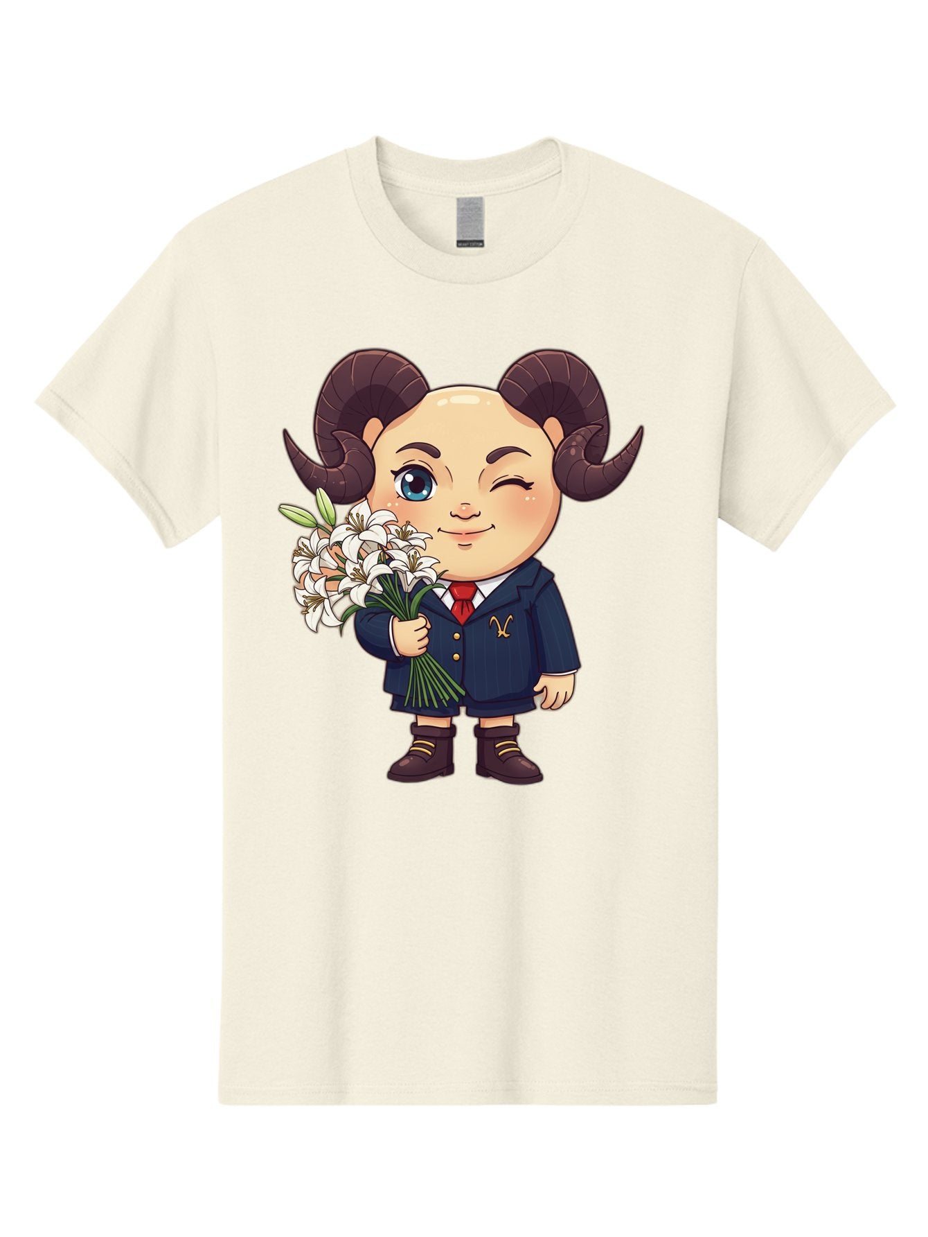 Aries-Zodiac-Cartoon-Character Men'S Graphic Tee, 100% Cotton, Comfortable Casual Summer Wear, Machine Washable, Cartoon Aries Character, Formal Attire, Bouquet Of White Flowers, Astrology Symbol, Zodiac Sign, Unique Illustration, Bae117 14