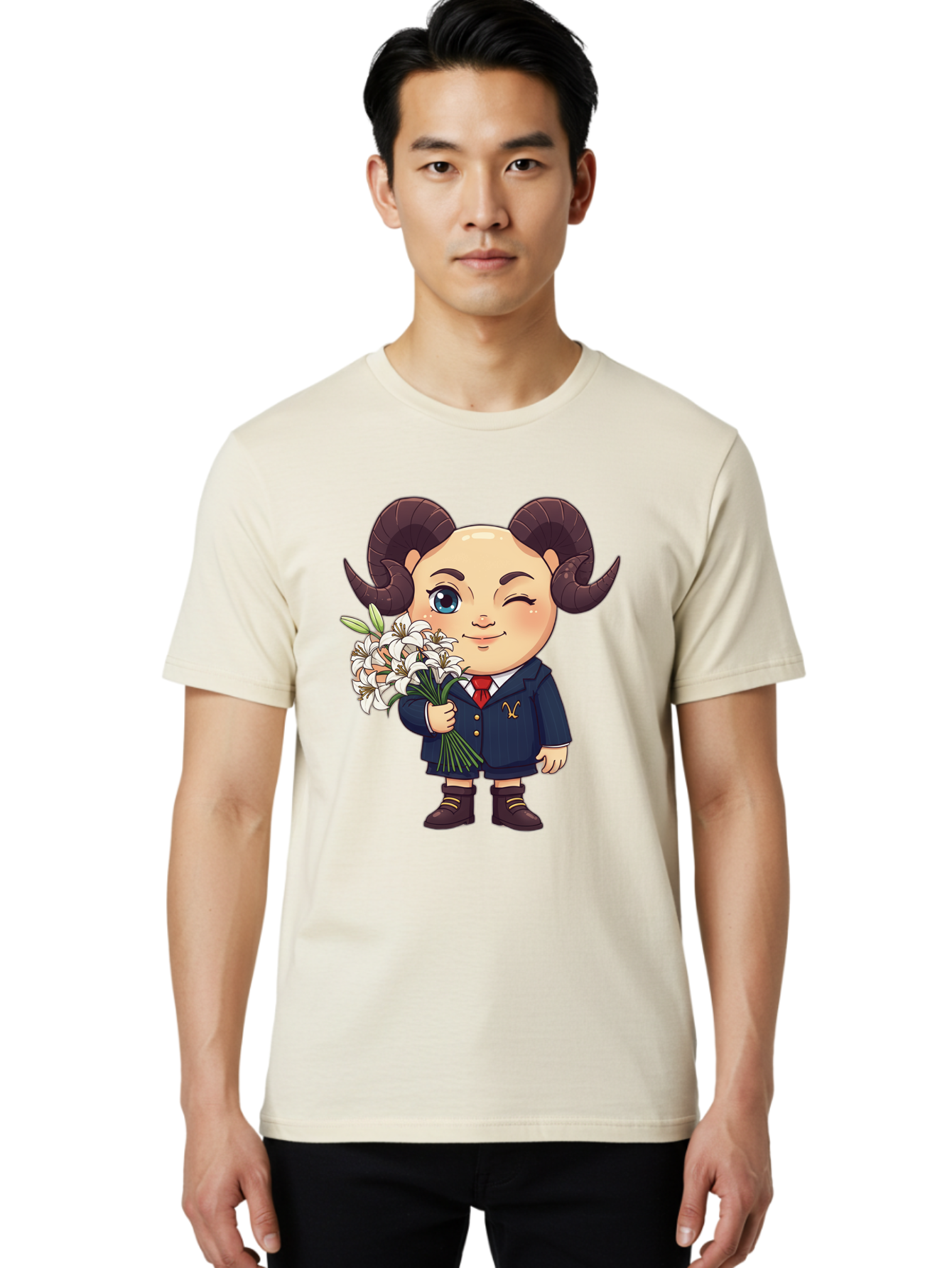 Aries-Zodiac-Cartoon-Character Men'S Graphic Tee, 100% Cotton, Comfortable Casual Summer Wear, Machine Washable, Cartoon Aries Character, Formal Attire, Bouquet Of White Flowers, Astrology Symbol, Zodiac Sign, Unique Illustration, Bae117 17