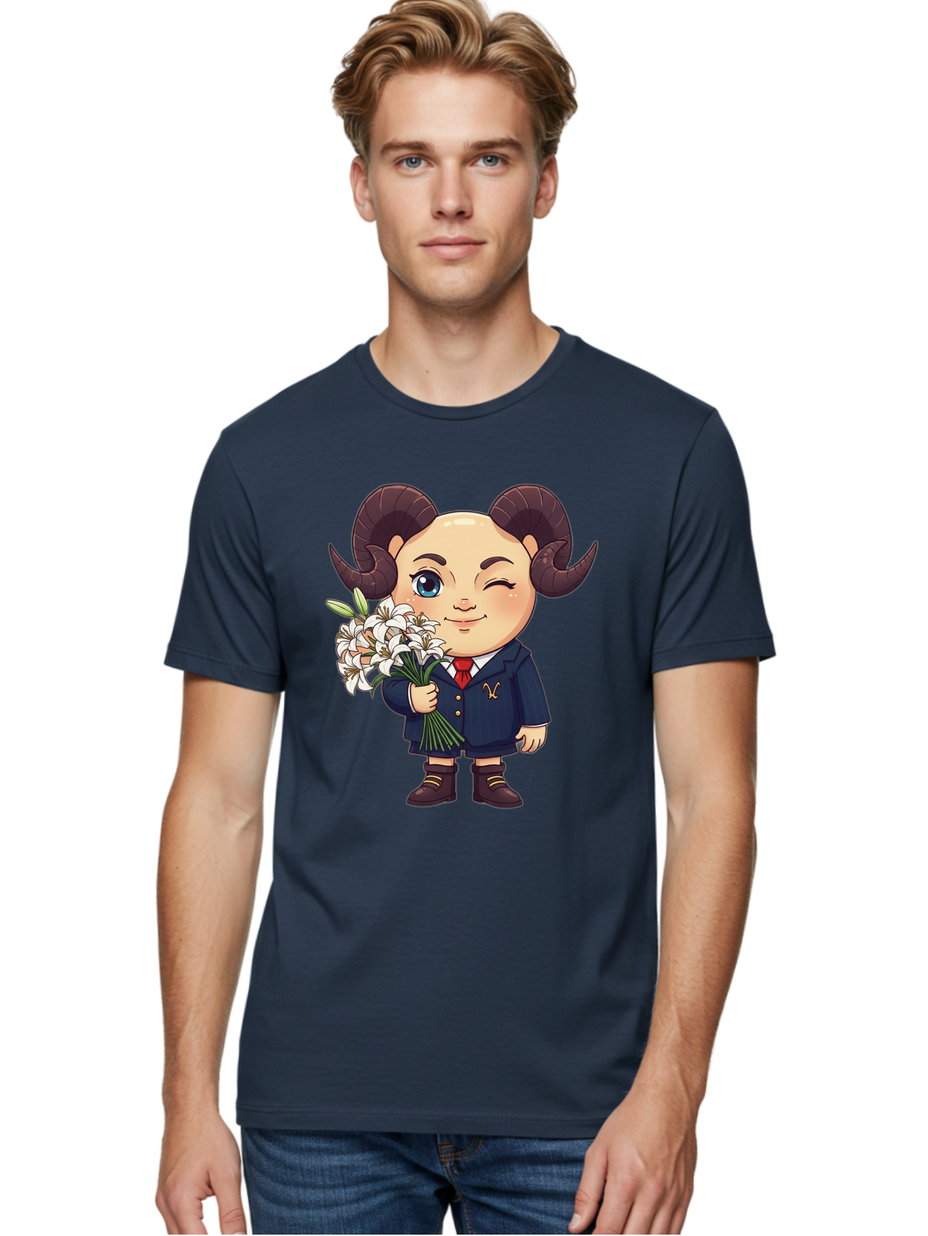 Aries-Zodiac-Cartoon-Character Men'S Graphic Tee, 100% Cotton, Comfortable Casual Summer Wear, Machine Washable, Cartoon Aries Character, Formal Attire, Bouquet Of White Flowers, Astrology Symbol, Zodiac Sign, Unique Illustration, Bae117 16
