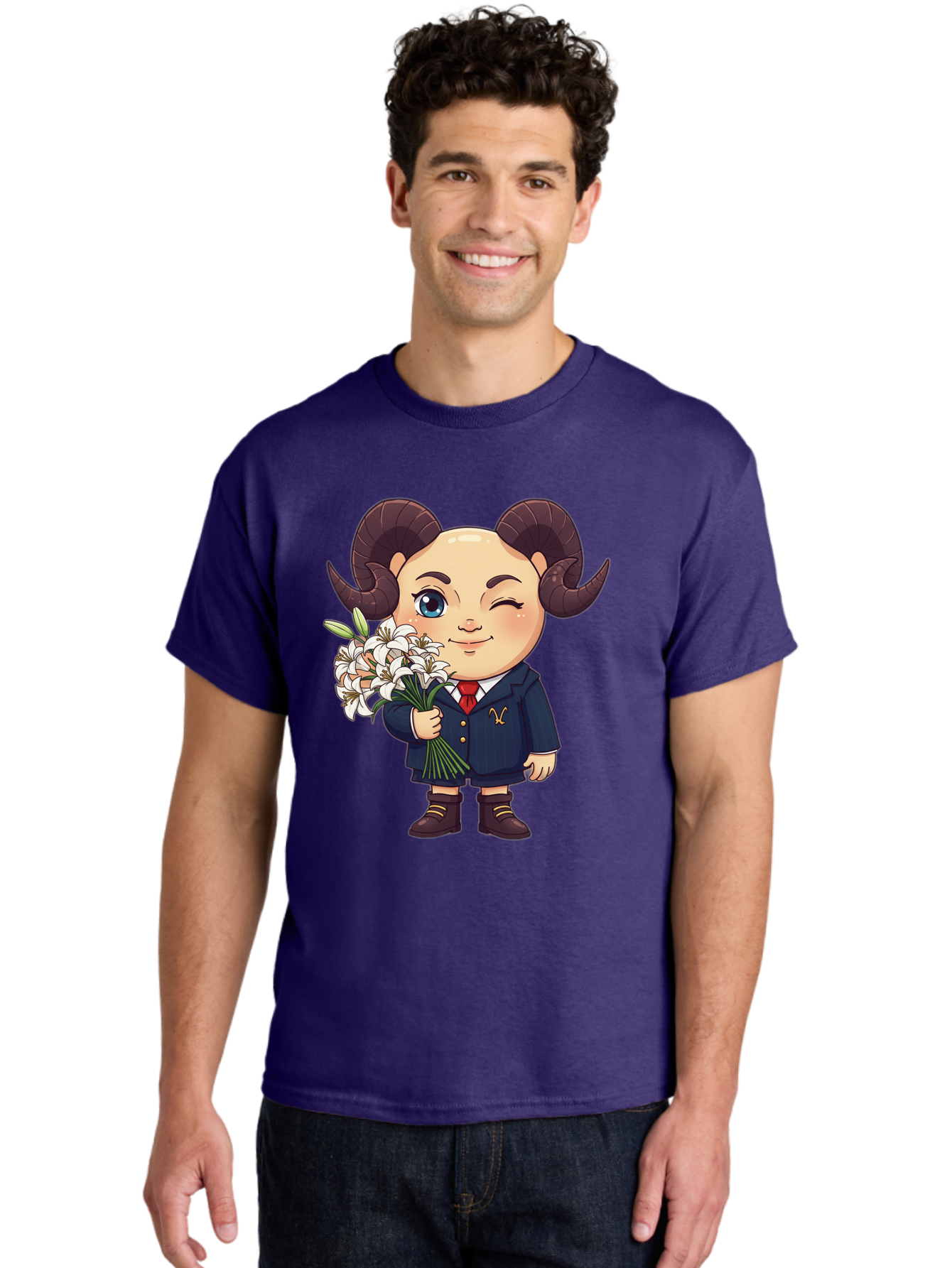 Aries-Zodiac-Cartoon-Character Men'S Graphic Tee, 100% Cotton, Comfortable Casual Summer Wear, Machine Washable, Cartoon Aries Character, Formal Attire, Bouquet Of White Flowers, Astrology Symbol, Zodiac Sign, Unique Illustration, Bae117 19