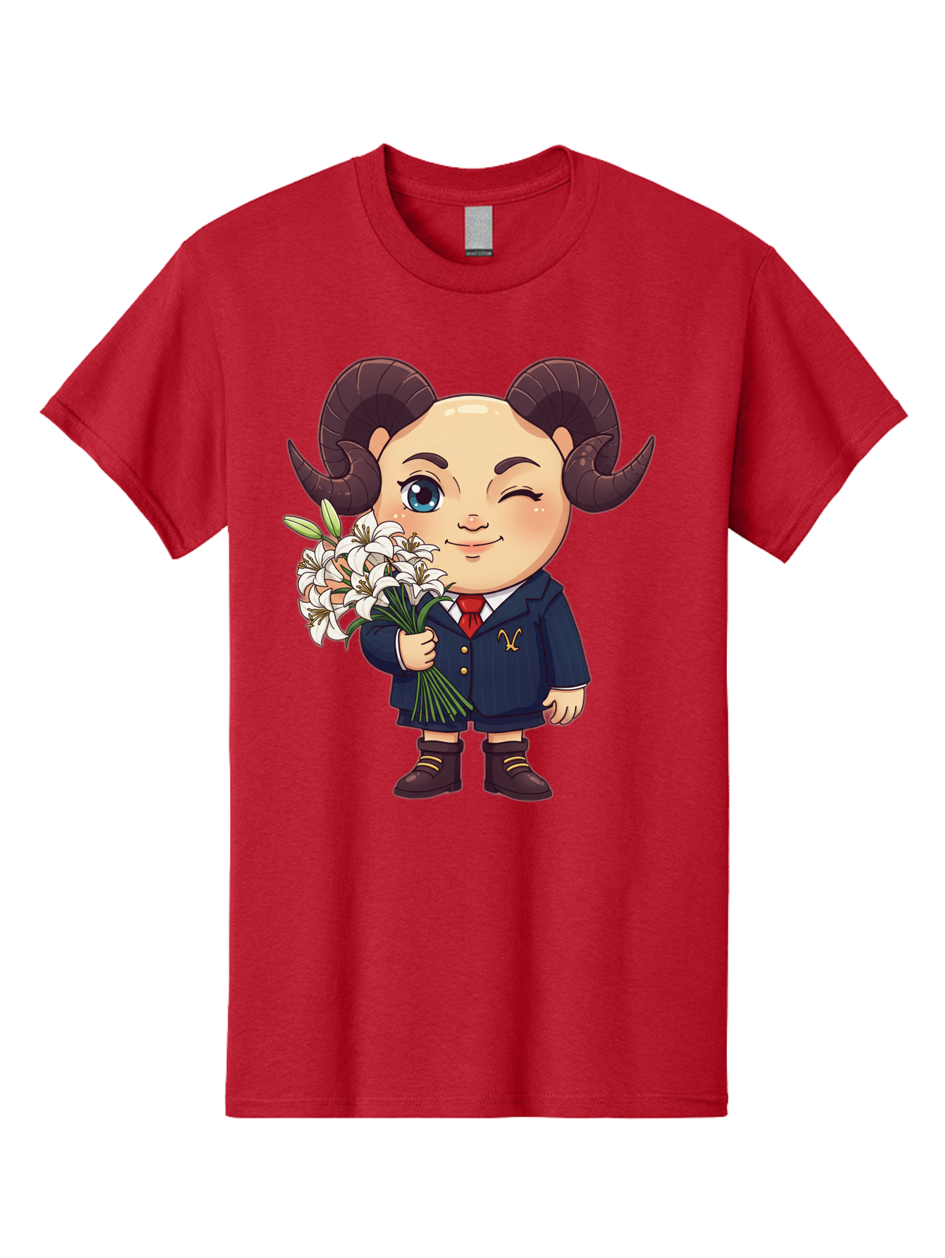 Aries-Zodiac-Cartoon-Character Men'S Graphic Tee, 100% Cotton, Comfortable Casual Summer Wear, Machine Washable, Cartoon Aries Character, Formal Attire, Bouquet Of White Flowers, Astrology Symbol, Zodiac Sign, Unique Illustration, Bae117 15