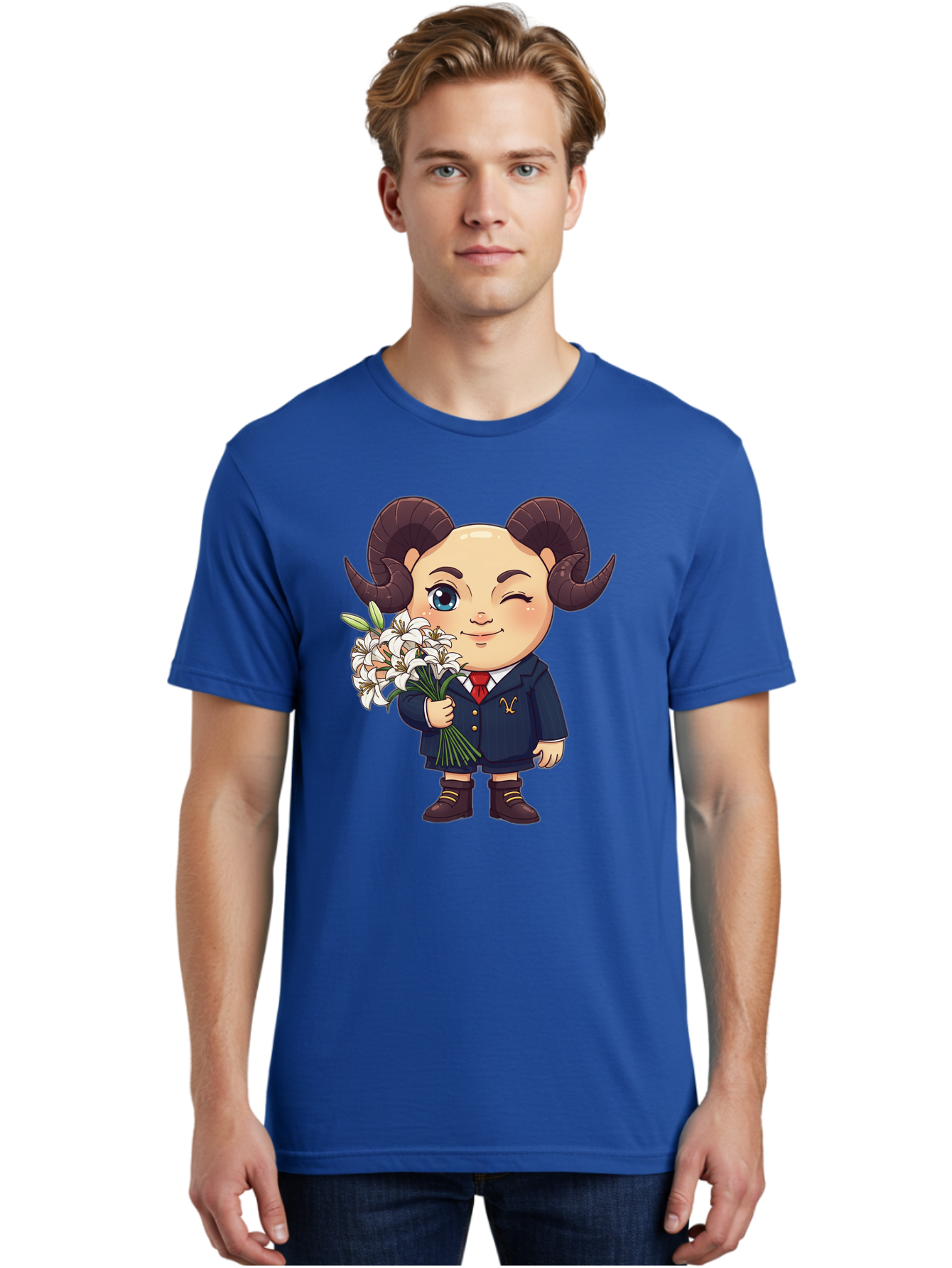 Aries-Zodiac-Cartoon-Character Men'S Graphic Tee, 100% Cotton, Comfortable Casual Summer Wear, Machine Washable, Cartoon Aries Character, Formal Attire, Bouquet Of White Flowers, Astrology Symbol, Zodiac Sign, Unique Illustration, Bae117 29