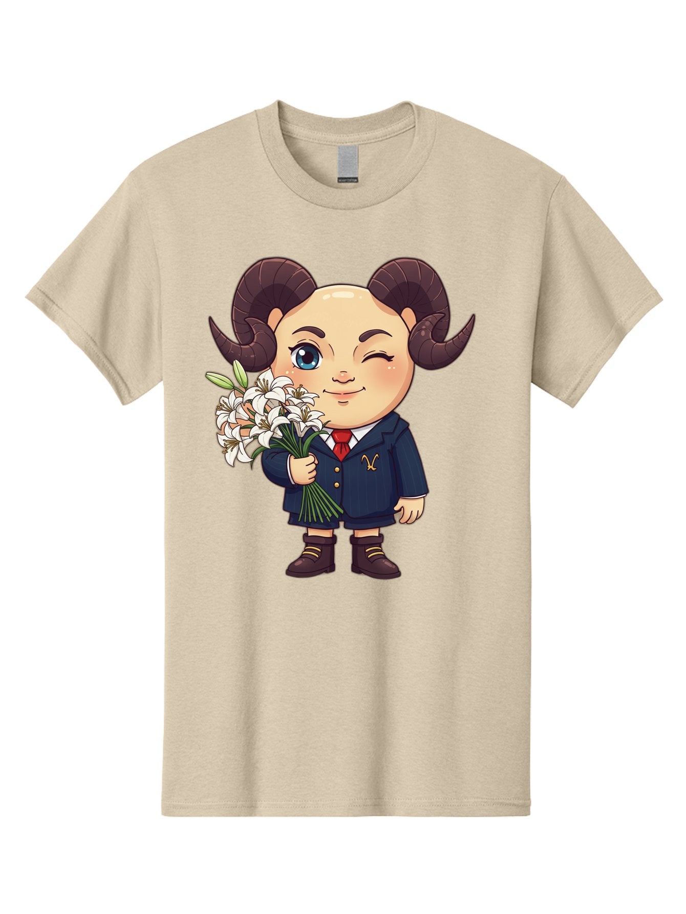 Aries-Zodiac-Cartoon-Character Men'S Graphic Tee, 100% Cotton, Comfortable Casual Summer Wear, Machine Washable, Cartoon Aries Character, Formal Attire, Bouquet Of White Flowers, Astrology Symbol, Zodiac Sign, Unique Illustration, Bae117 3