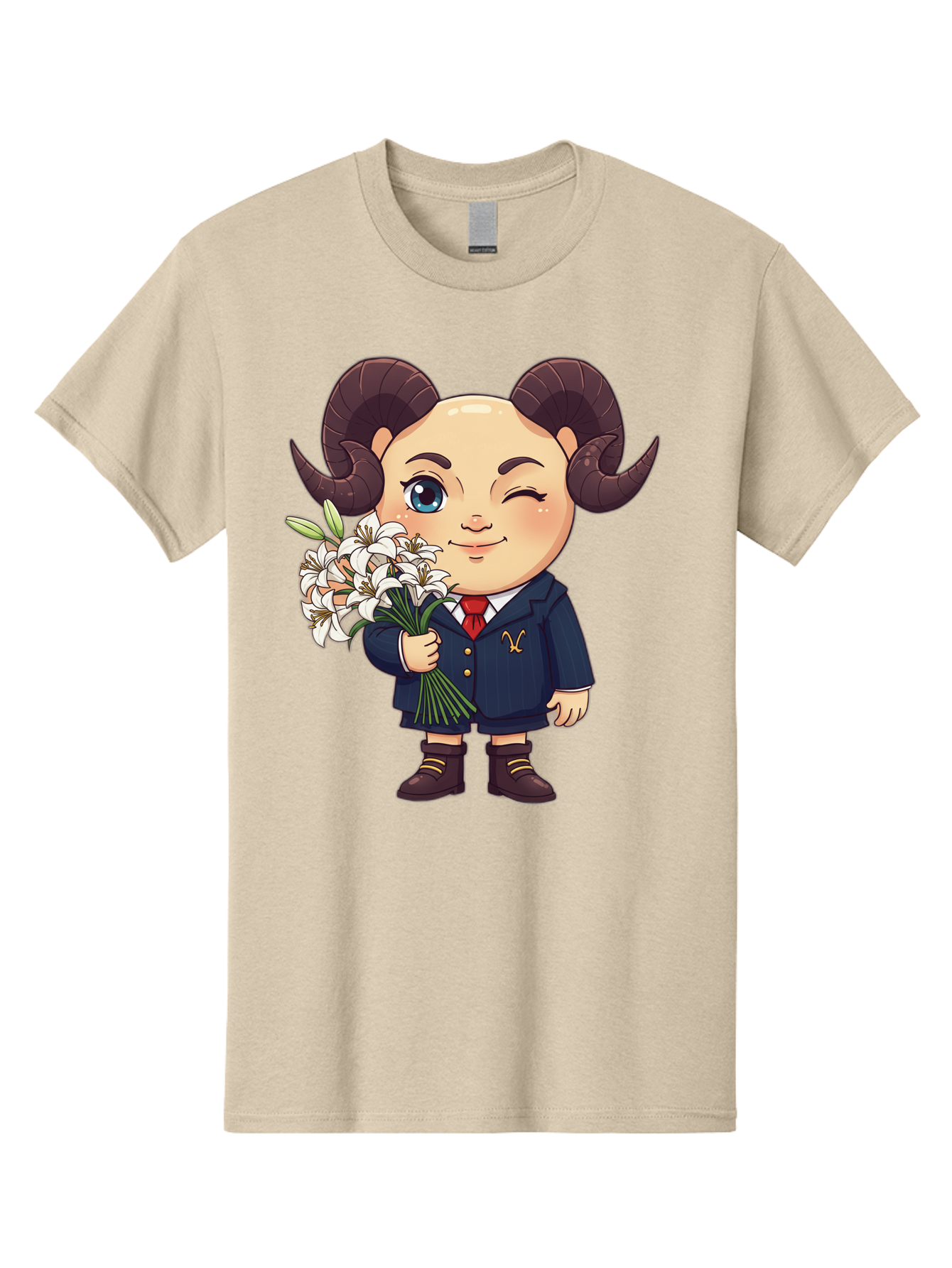 Aries-Zodiac-Cartoon-Character Men'S Graphic Tee, 100% Cotton, Comfortable Casual Summer Wear, Machine Washable, Cartoon Aries Character, Formal Attire, Bouquet Of White Flowers, Astrology Symbol, Zodiac Sign, Unique Illustration, Bae117 9