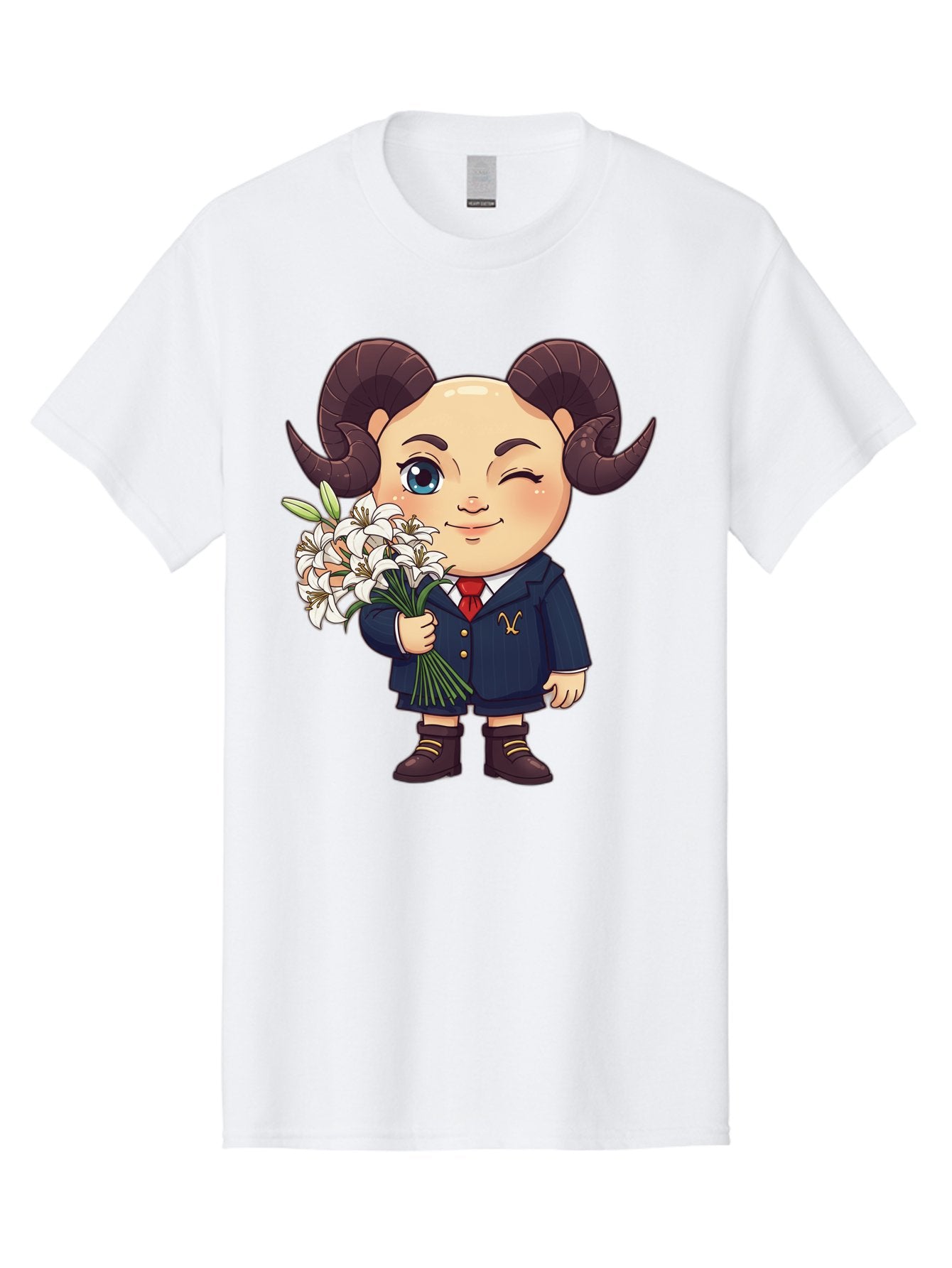 Aries-Zodiac-Cartoon-Character Men'S Graphic Tee, 100% Cotton, Comfortable Casual Summer Wear, Machine Washable, Cartoon Aries Character, Formal Attire, Bouquet Of White Flowers, Astrology Symbol, Zodiac Sign, Unique Illustration, Bae117