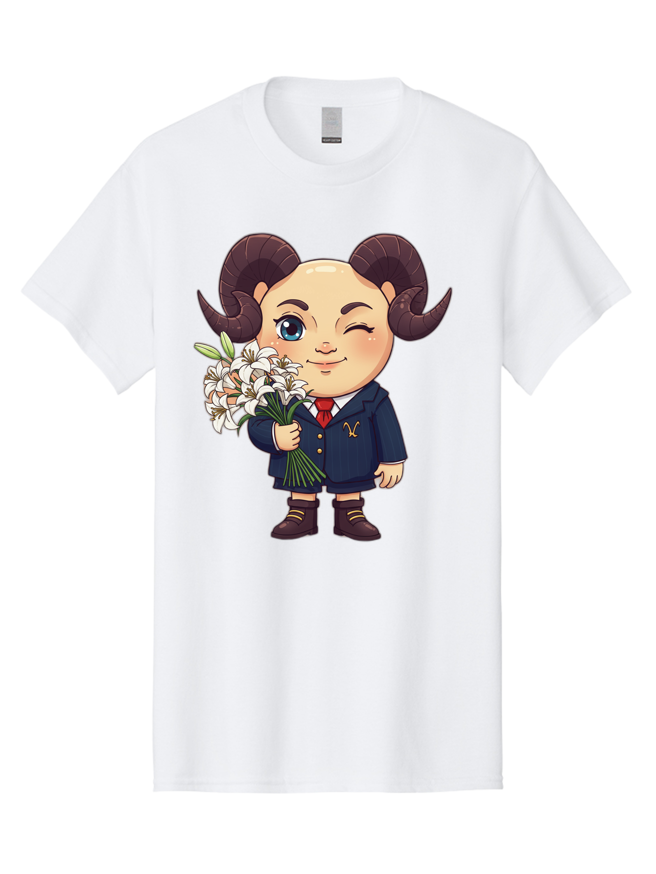 Aries-Zodiac-Cartoon-Character Men'S Graphic Tee, 100% Cotton, Comfortable Casual Summer Wear, Machine Washable, Cartoon Aries Character, Formal Attire, Bouquet Of White Flowers, Astrology Symbol, Zodiac Sign, Unique Illustration, Bae117 10