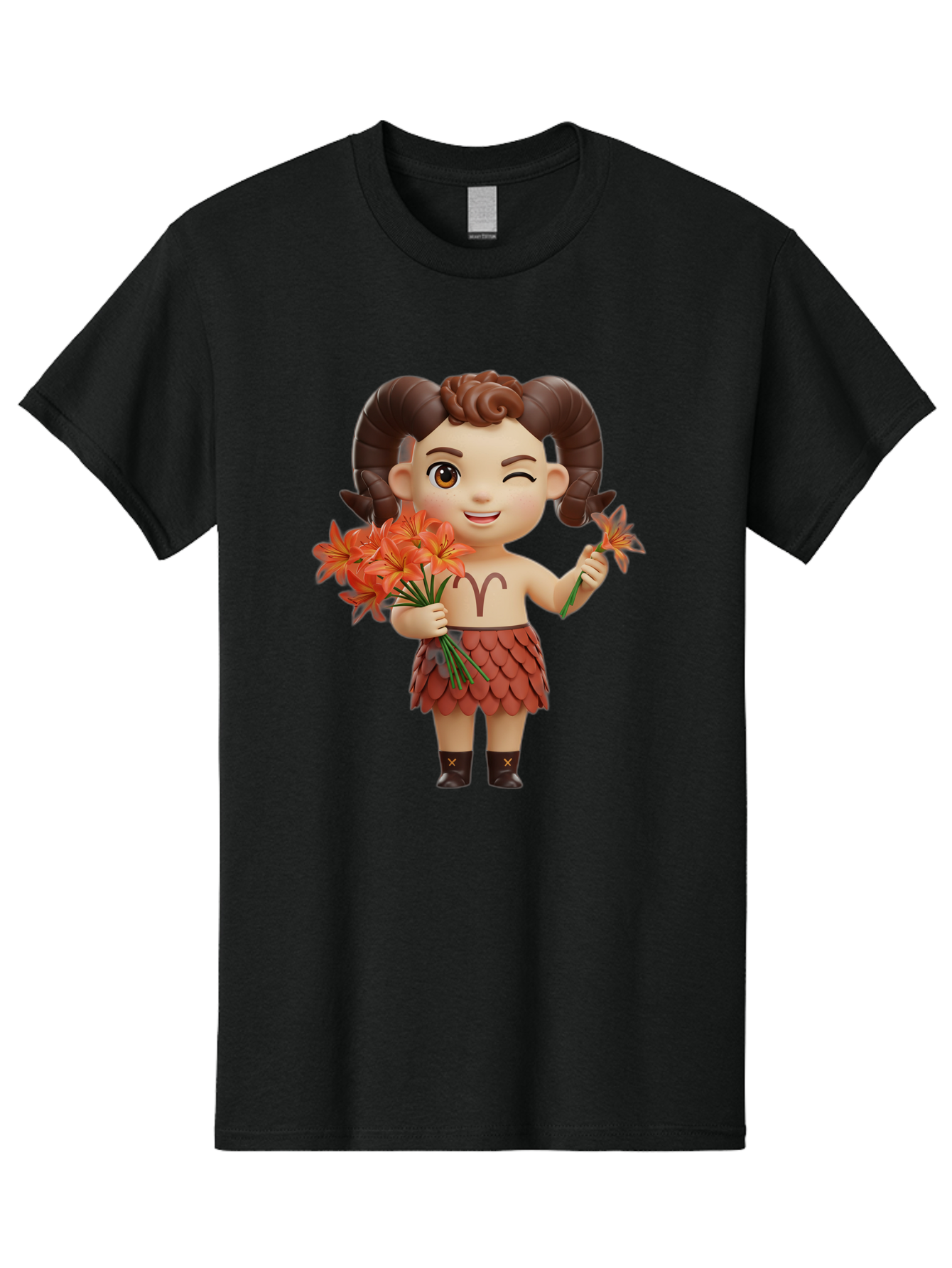 Aries-Zodiac-Character Men'S Graphic Tee, 100% Cotton, Comfortable Casual Summer Wear, Machine Washable, Cartoon Aries Zodiac Sign, Ram Horns, Astrology Symbol, Orange Flowers, Floral Arrangement, Zodiac Character Design, Fantasy Creature, Bae118 10