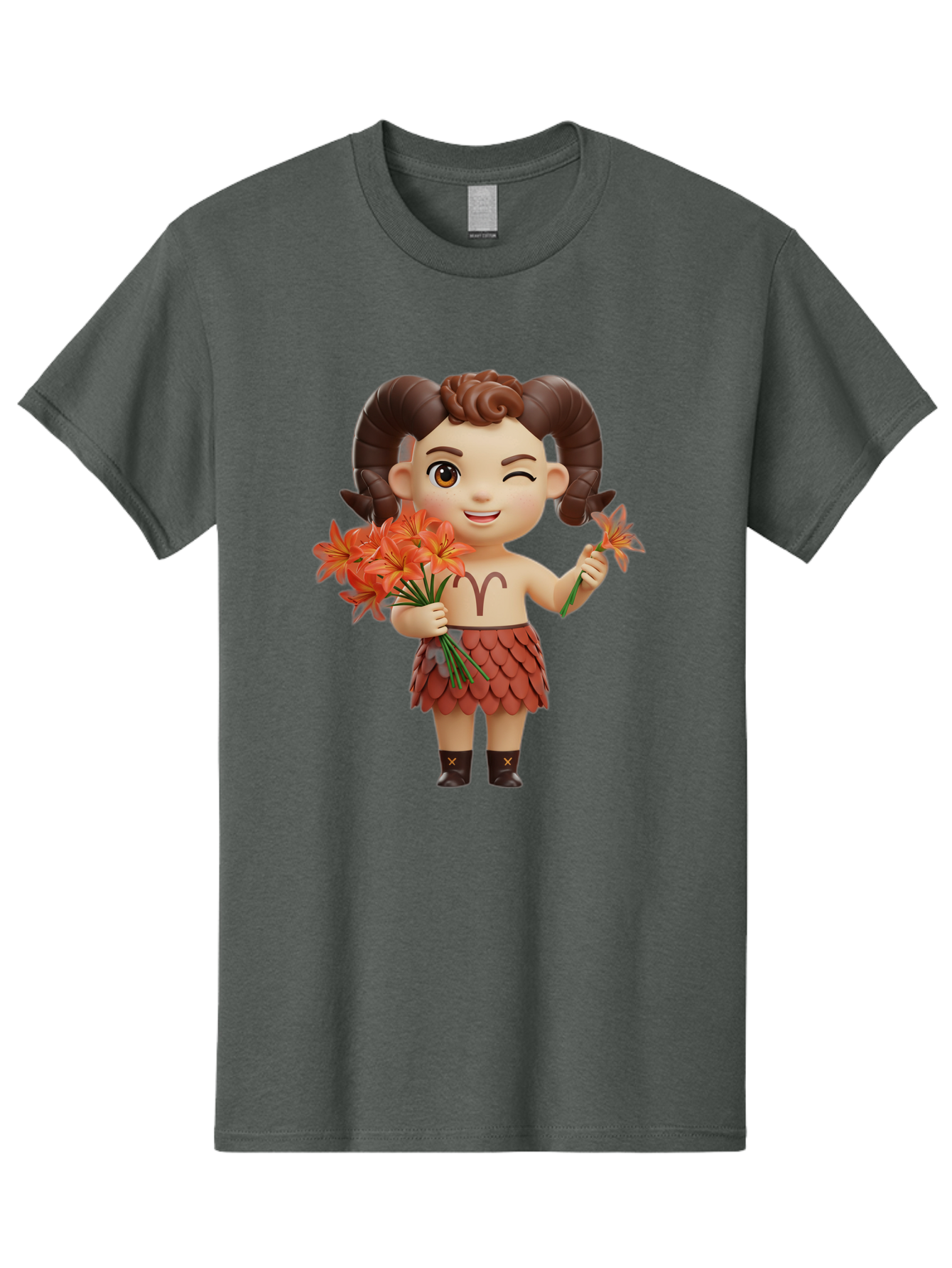 Aries-Zodiac-Character Men'S Graphic Tee, 100% Cotton, Comfortable Casual Summer Wear, Machine Washable, Cartoon Aries Zodiac Sign, Ram Horns, Astrology Symbol, Orange Flowers, Floral Arrangement, Zodiac Character Design, Fantasy Creature, Bae118 6