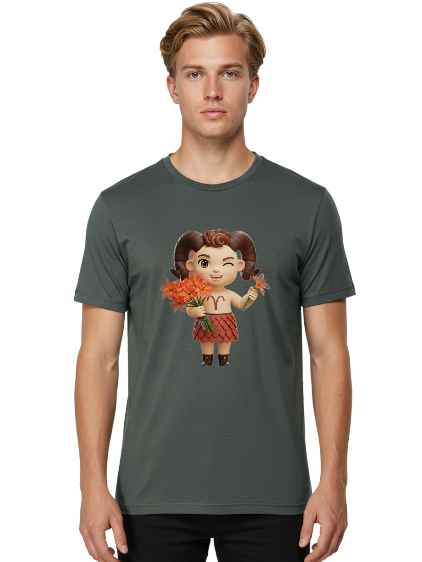 Aries-Zodiac-Character Men'S Graphic Tee, 100% Cotton, Comfortable Casual Summer Wear, Machine Washable, Cartoon Aries Zodiac Sign, Ram Horns, Astrology Symbol, Orange Flowers, Floral Arrangement, Zodiac Character Design, Fantasy Creature, Bae118 21