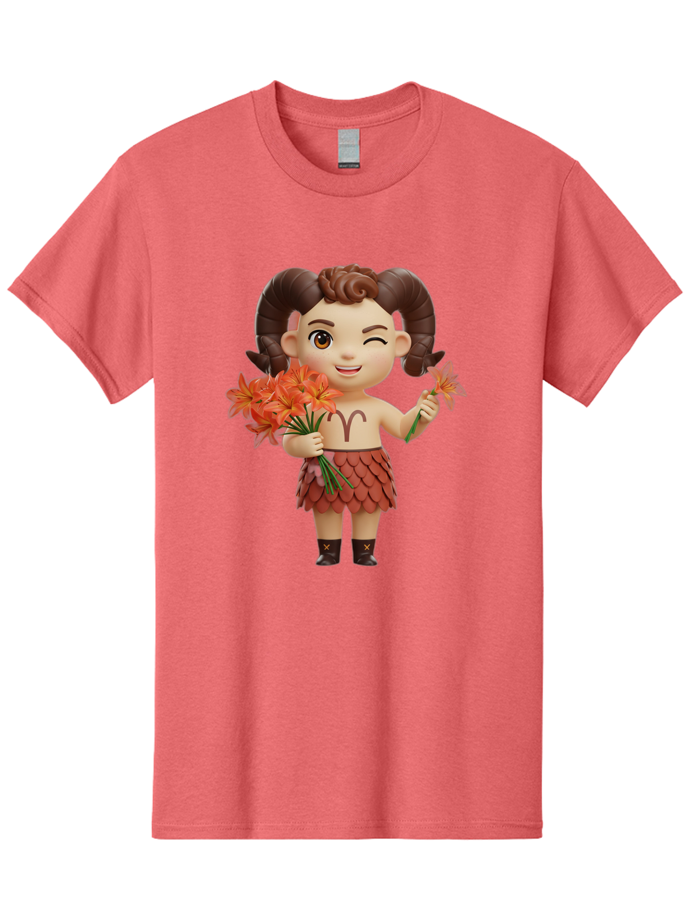 Aries-Zodiac-Character Men'S Graphic Tee, 100% Cotton, Comfortable Casual Summer Wear, Machine Washable, Cartoon Aries Zodiac Sign, Ram Horns, Astrology Symbol, Orange Flowers, Floral Arrangement, Zodiac Character Design, Fantasy Creature, Bae118 14