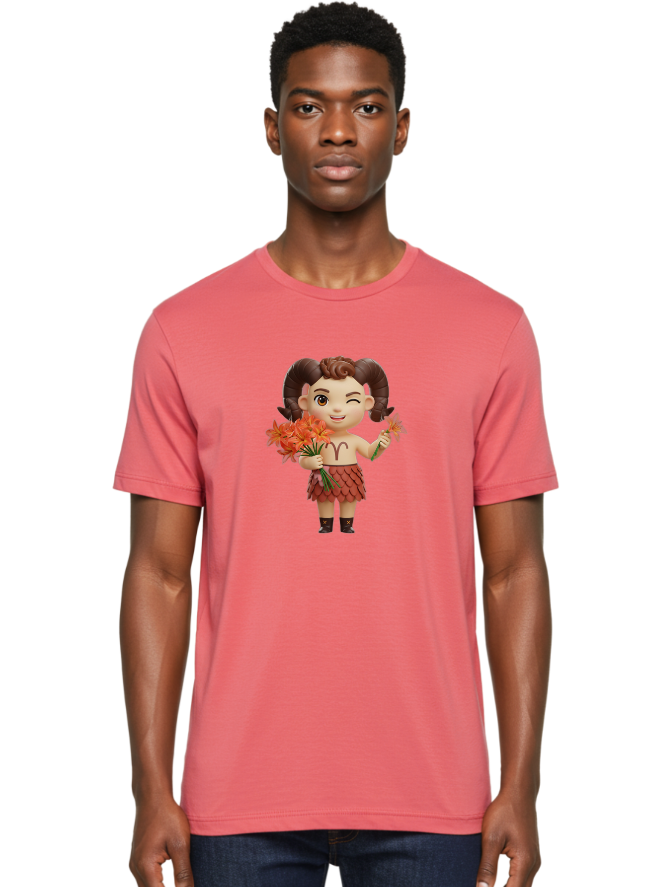 Aries-Zodiac-Character Men'S Graphic Tee, 100% Cotton, Comfortable Casual Summer Wear, Machine Washable, Cartoon Aries Zodiac Sign, Ram Horns, Astrology Symbol, Orange Flowers, Floral Arrangement, Zodiac Character Design, Fantasy Creature, Bae118 29