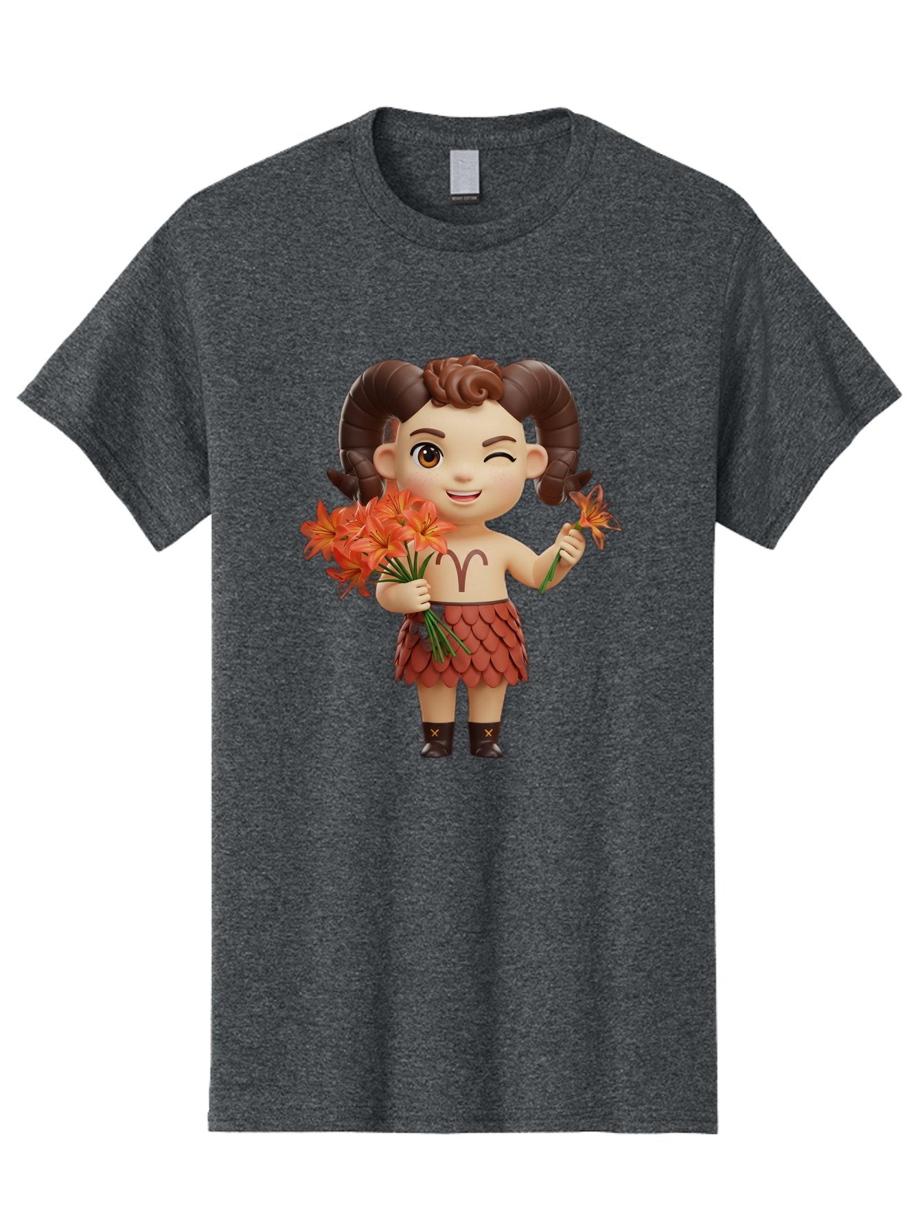 Aries-Zodiac-Character Men'S Graphic Tee, 100% Cotton, Comfortable Casual Summer Wear, Machine Washable, Cartoon Aries Zodiac Sign, Ram Horns, Astrology Symbol, Orange Flowers, Floral Arrangement, Zodiac Character Design, Fantasy Creature, Bae118 9