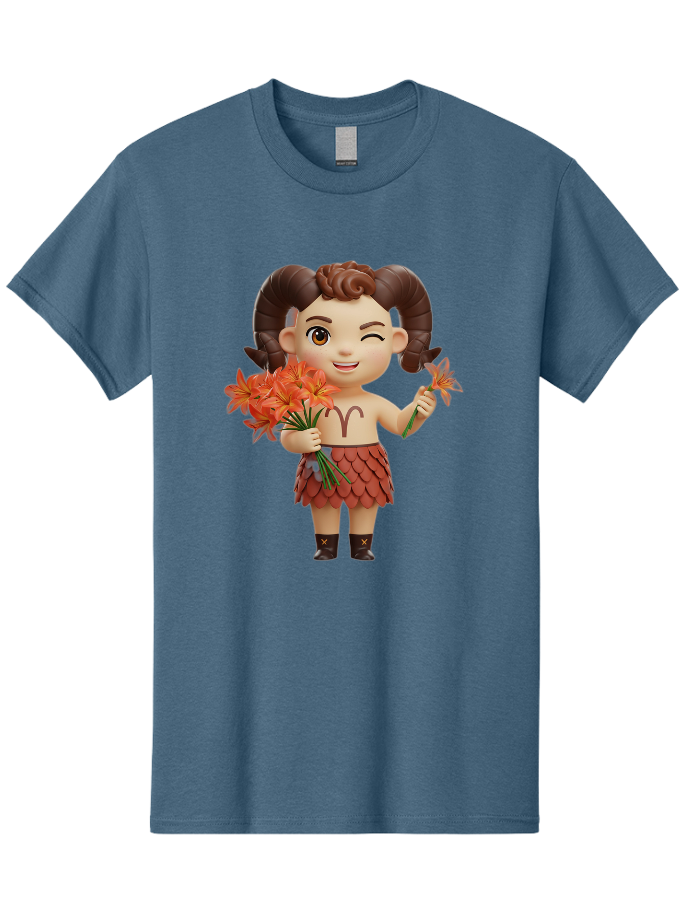 Aries-Zodiac-Character Men'S Graphic Tee, 100% Cotton, Comfortable Casual Summer Wear, Machine Washable, Cartoon Aries Zodiac Sign, Ram Horns, Astrology Symbol, Orange Flowers, Floral Arrangement, Zodiac Character Design, Fantasy Creature, Bae118 4