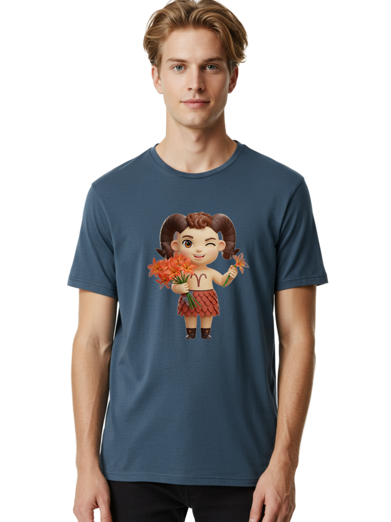 Aries-Zodiac-Character Men'S Graphic Tee, 100% Cotton, Comfortable Casual Summer Wear, Machine Washable, Cartoon Aries Zodiac Sign, Ram Horns, Astrology Symbol, Orange Flowers, Floral Arrangement, Zodiac Character Design, Fantasy Creature, Bae118 19