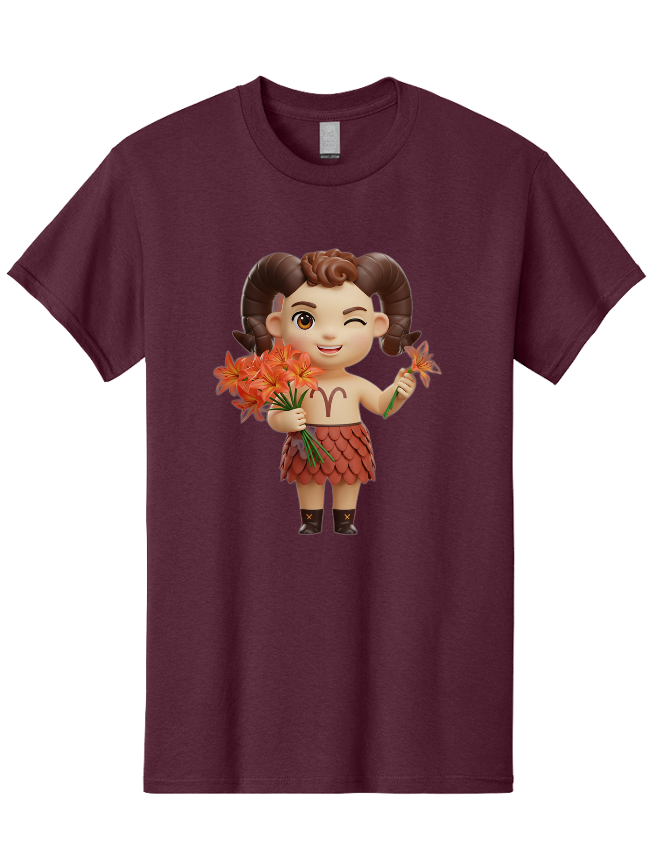 Aries-Zodiac-Character Men'S Graphic Tee, 100% Cotton, Comfortable Casual Summer Wear, Machine Washable, Cartoon Aries Zodiac Sign, Ram Horns, Astrology Symbol, Orange Flowers, Floral Arrangement, Zodiac Character Design, Fantasy Creature, Bae118 7