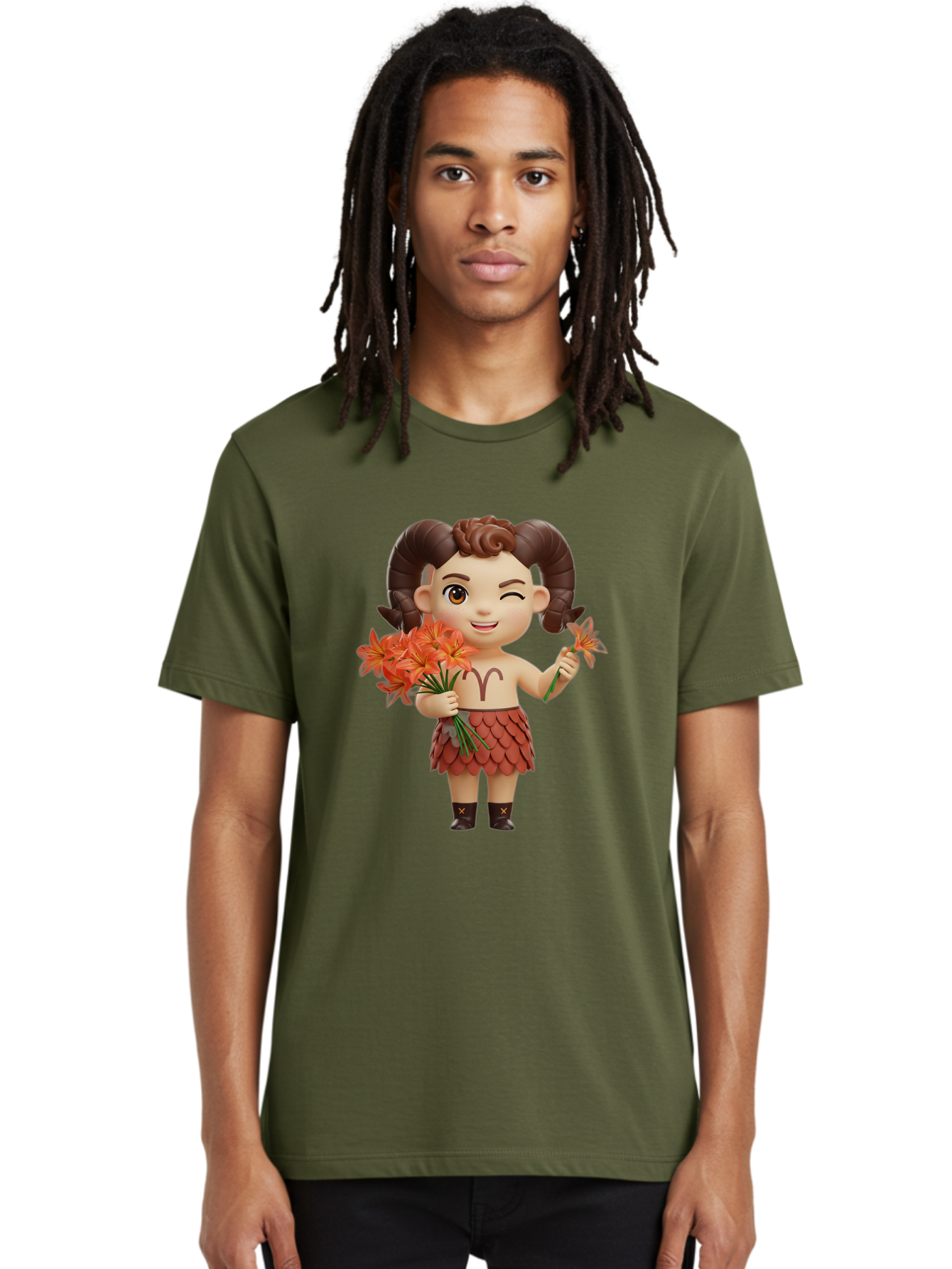 Aries-Zodiac-Character Men'S Graphic Tee, 100% Cotton, Comfortable Casual Summer Wear, Machine Washable, Cartoon Aries Zodiac Sign, Ram Horns, Astrology Symbol, Orange Flowers, Floral Arrangement, Zodiac Character Design, Fantasy Creature, Bae118 28