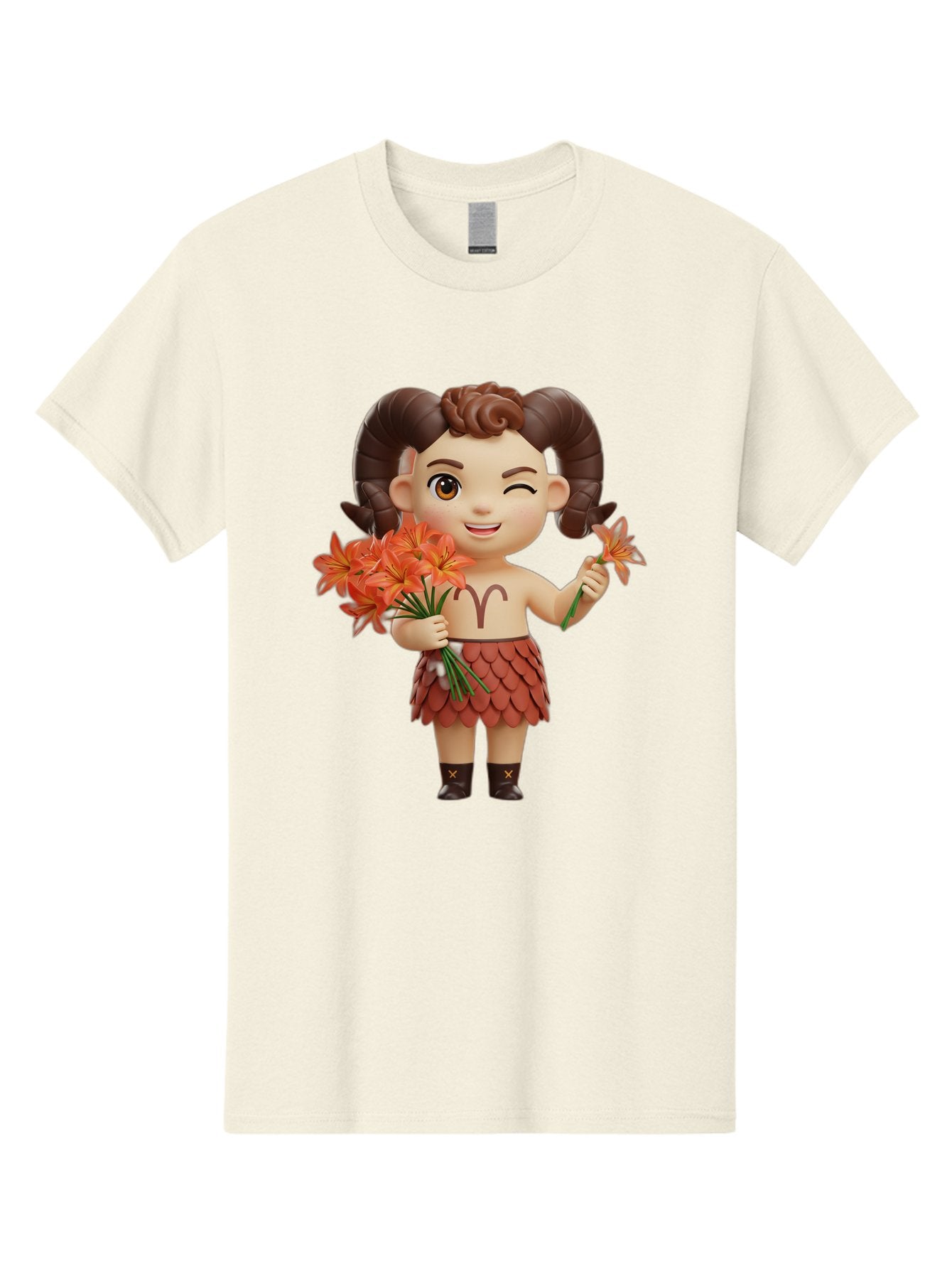 Aries-Zodiac-Character Men'S Graphic Tee, 100% Cotton, Comfortable Casual Summer Wear, Machine Washable, Cartoon Aries Zodiac Sign, Ram Horns, Astrology Symbol, Orange Flowers, Floral Arrangement, Zodiac Character Design, Fantasy Creature, Bae118 12