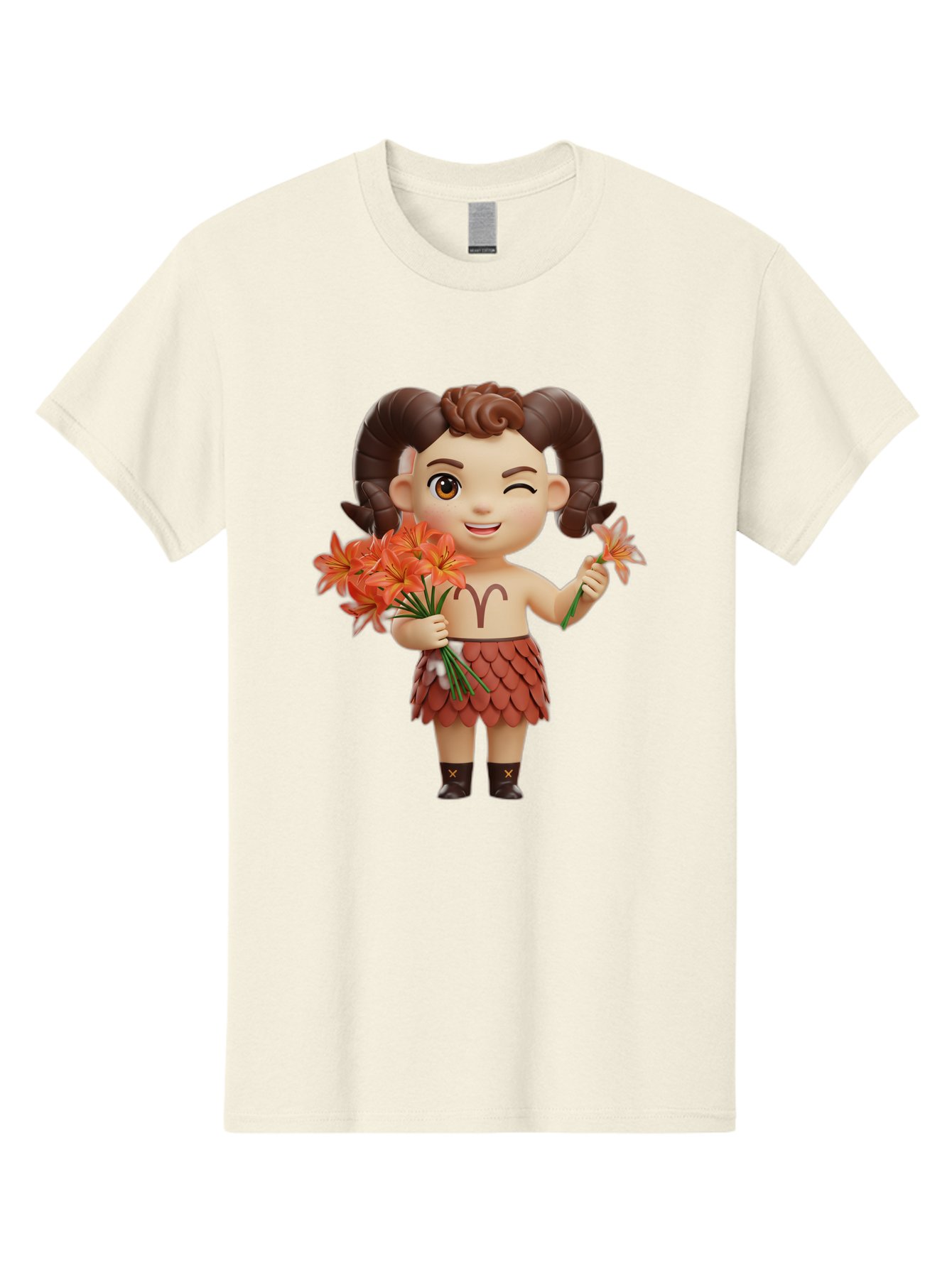 Aries-Zodiac-Character Men'S Graphic Tee, 100% Cotton, Comfortable Casual Summer Wear, Machine Washable, Cartoon Aries Zodiac Sign, Ram Horns, Astrology Symbol, Orange Flowers, Floral Arrangement, Zodiac Character Design, Fantasy Creature, Bae118 3