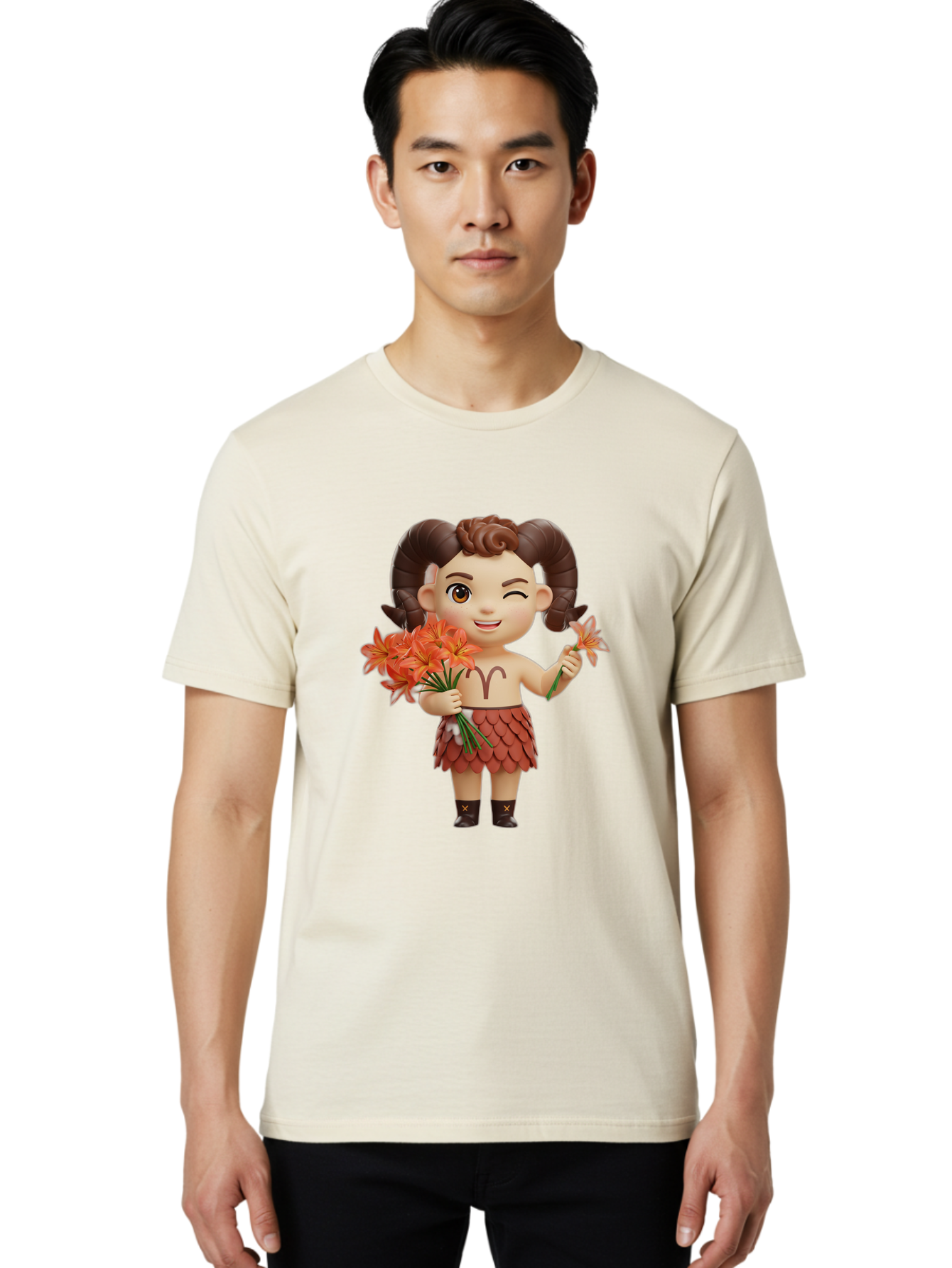Aries-Zodiac-Character Men'S Graphic Tee, 100% Cotton, Comfortable Casual Summer Wear, Machine Washable, Cartoon Aries Zodiac Sign, Ram Horns, Astrology Symbol, Orange Flowers, Floral Arrangement, Zodiac Character Design, Fantasy Creature, Bae118 18