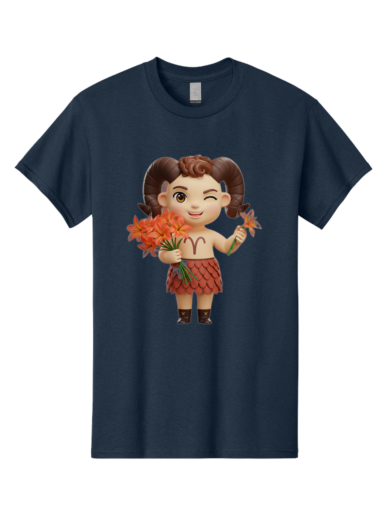 Aries-Zodiac-Character Men'S Graphic Tee, 100% Cotton, Comfortable Casual Summer Wear, Machine Washable, Cartoon Aries Zodiac Sign, Ram Horns, Astrology Symbol, Orange Flowers, Floral Arrangement, Zodiac Character Design, Fantasy Creature, Bae118 11