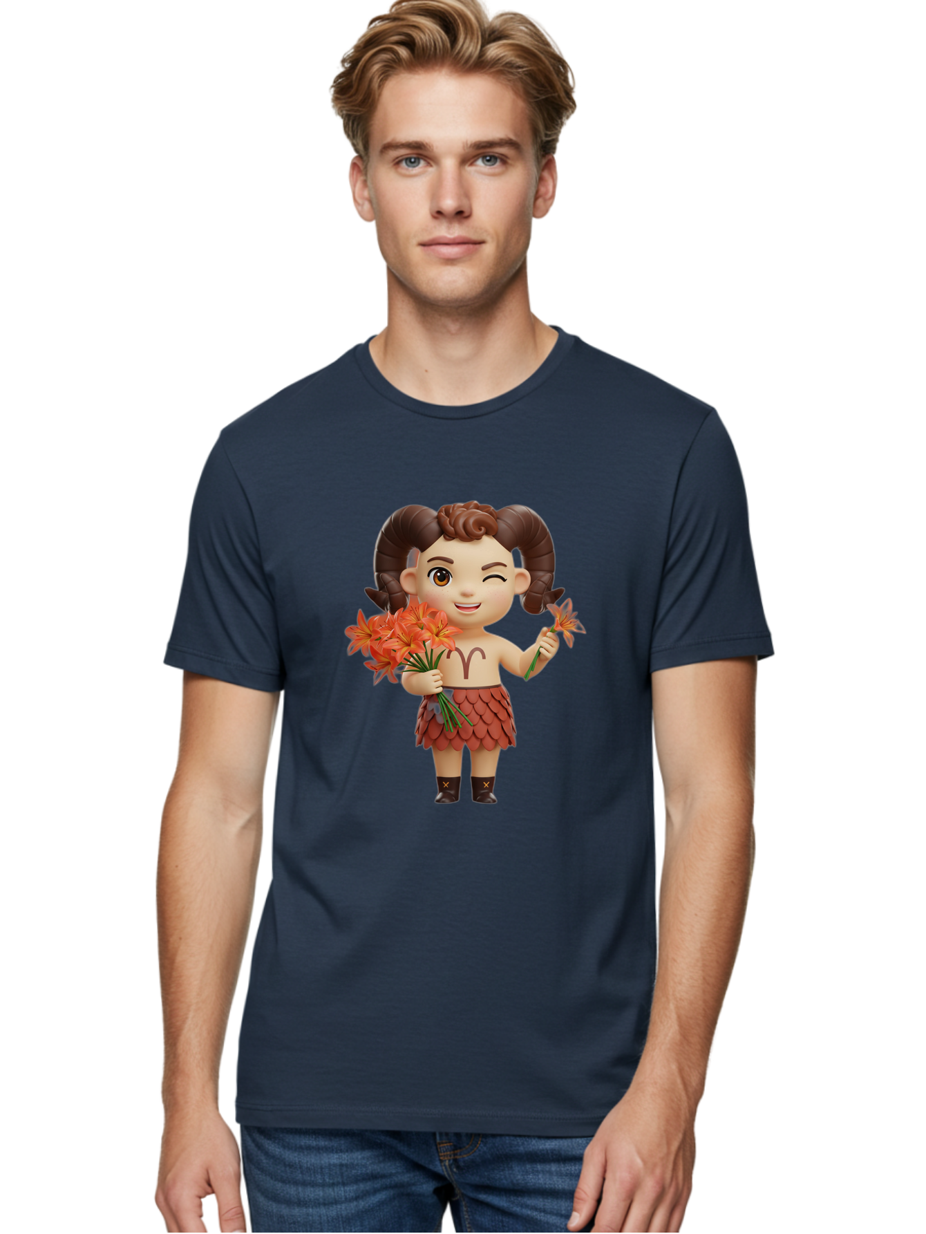 Aries-Zodiac-Character Men'S Graphic Tee, 100% Cotton, Comfortable Casual Summer Wear, Machine Washable, Cartoon Aries Zodiac Sign, Ram Horns, Astrology Symbol, Orange Flowers, Floral Arrangement, Zodiac Character Design, Fantasy Creature, Bae118 26