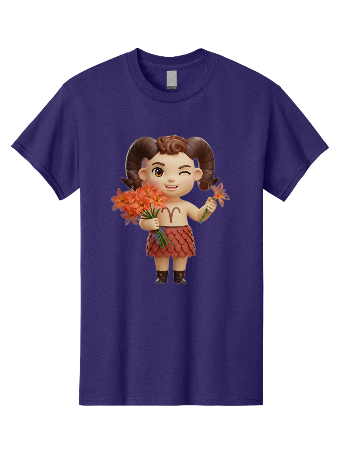 Aries-Zodiac-Character Men'S Graphic Tee, 100% Cotton, Comfortable Casual Summer Wear, Machine Washable, Cartoon Aries Zodiac Sign, Ram Horns, Astrology Symbol, Orange Flowers, Floral Arrangement, Zodiac Character Design, Fantasy Creature, Bae118 9