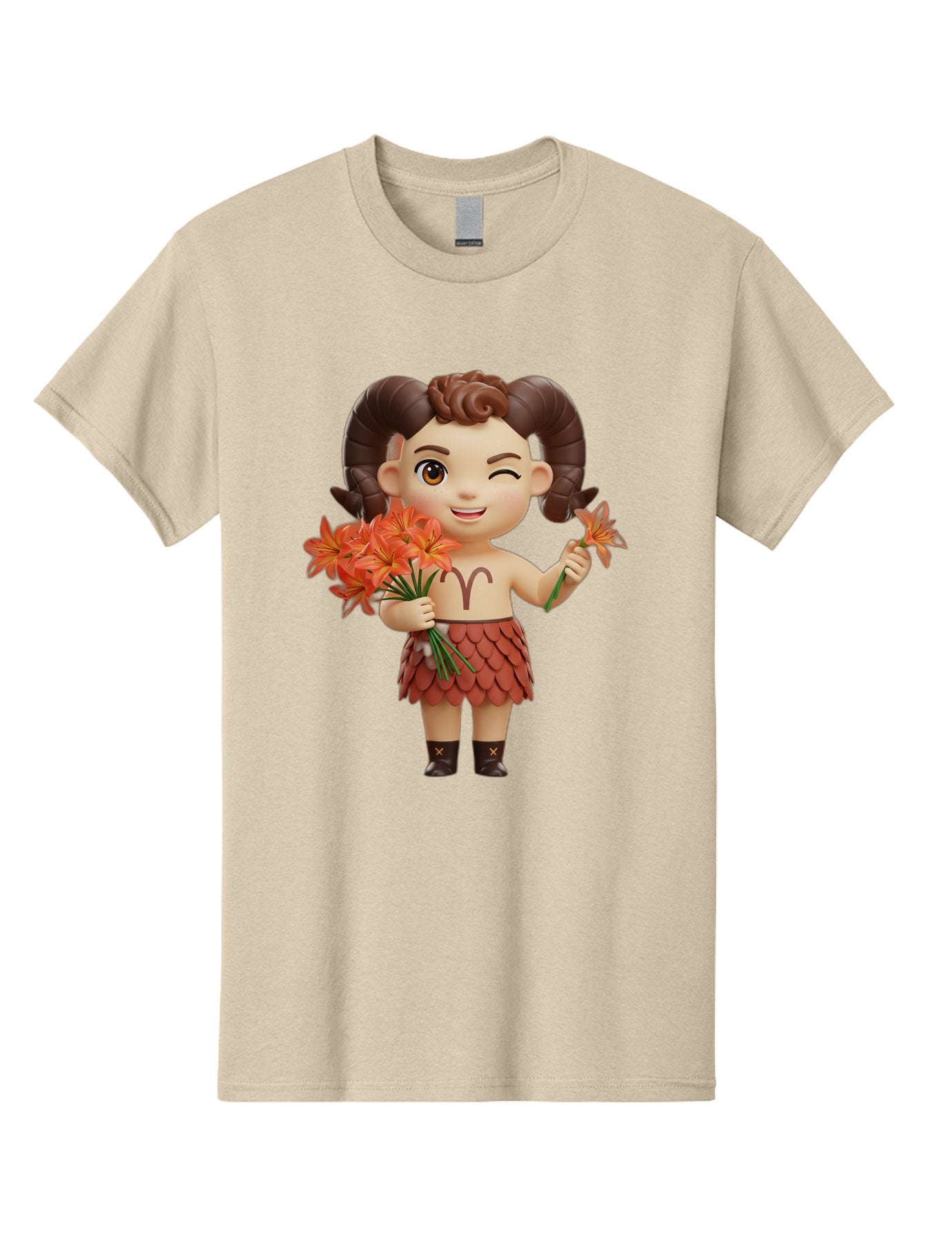 Aries-Zodiac-Character Men'S Graphic Tee, 100% Cotton, Comfortable Casual Summer Wear, Machine Washable, Cartoon Aries Zodiac Sign, Ram Horns, Astrology Symbol, Orange Flowers, Floral Arrangement, Zodiac Character Design, Fantasy Creature, Bae118 4