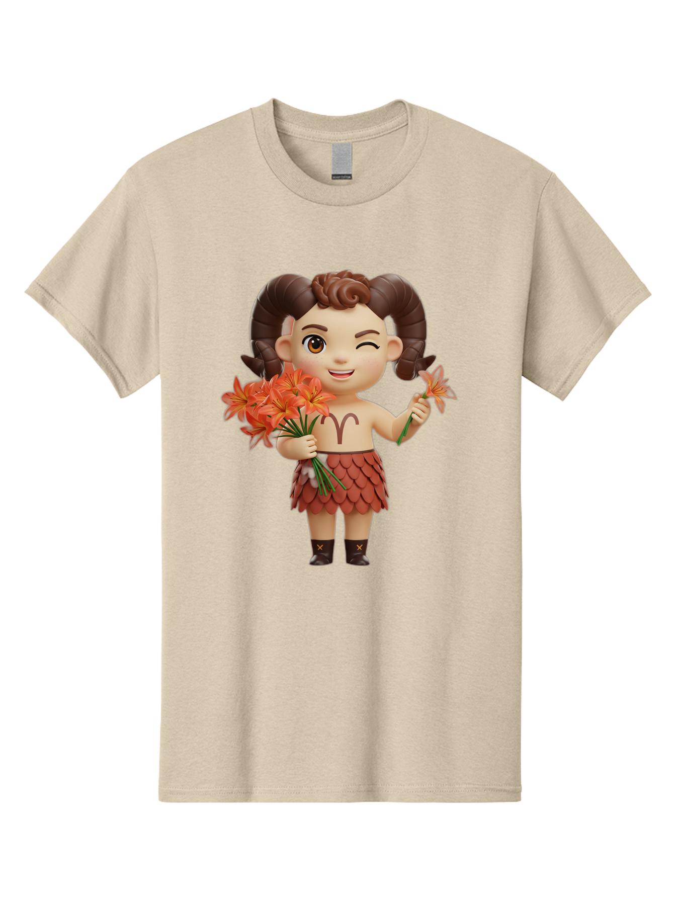 Aries-Zodiac-Character Men'S Graphic Tee, 100% Cotton, Comfortable Casual Summer Wear, Machine Washable, Cartoon Aries Zodiac Sign, Ram Horns, Astrology Symbol, Orange Flowers, Floral Arrangement, Zodiac Character Design, Fantasy Creature, Bae118 12