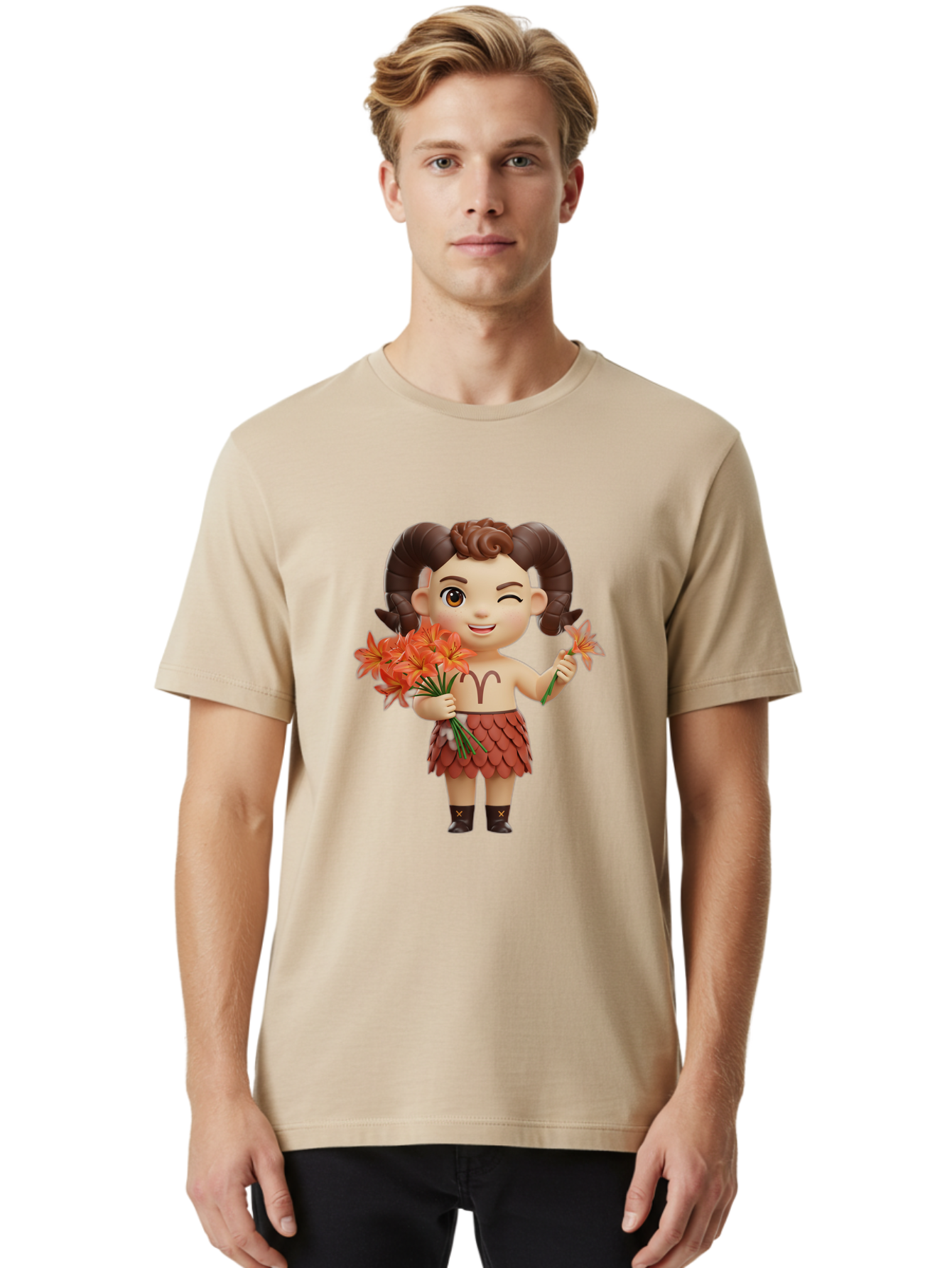 Aries-Zodiac-Character Men'S Graphic Tee, 100% Cotton, Comfortable Casual Summer Wear, Machine Washable, Cartoon Aries Zodiac Sign, Ram Horns, Astrology Symbol, Orange Flowers, Floral Arrangement, Zodiac Character Design, Fantasy Creature, Bae118 27
