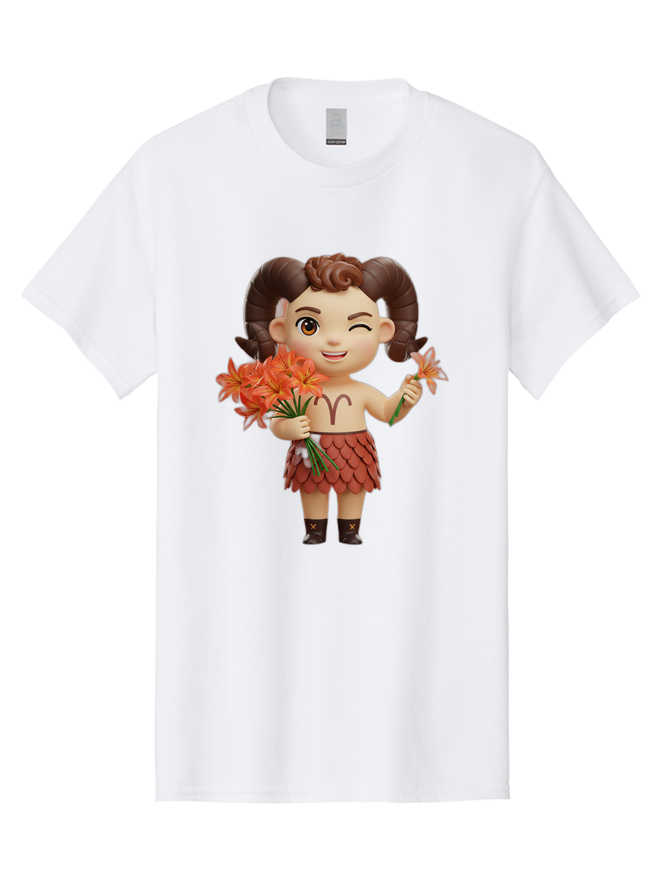 Aries-Zodiac-Character Men'S Graphic Tee, 100% Cotton, Comfortable Casual Summer Wear, Machine Washable, Cartoon Aries Zodiac Sign, Ram Horns, Astrology Symbol, Orange Flowers, Floral Arrangement, Zodiac Character Design, Fantasy Creature, Bae118 8