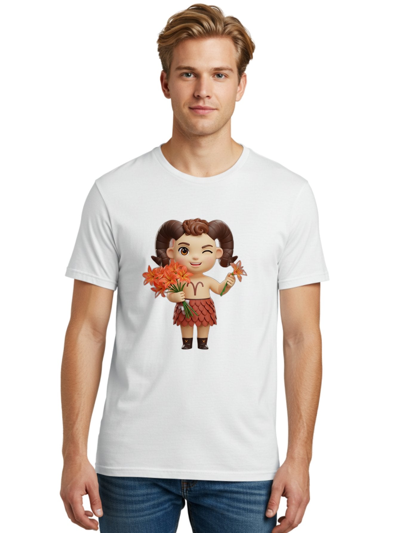 Aries-Zodiac-Character Men'S Graphic Tee, 100% Cotton, Comfortable Casual Summer Wear, Machine Washable, Cartoon Aries Zodiac Sign, Ram Horns, Astrology Symbol, Orange Flowers, Floral Arrangement, Zodiac Character Design, Fantasy Creature, Bae118 23