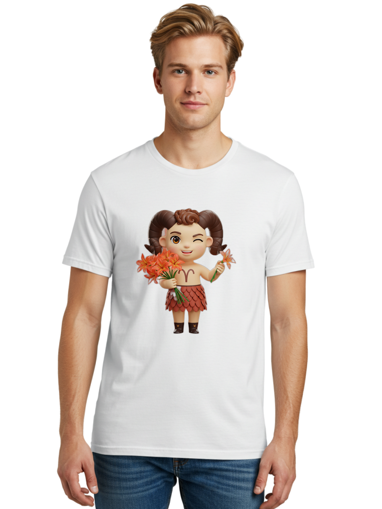 Aries-Zodiac-Character Men'S Graphic Tee, 100% Cotton, Comfortable Casual Summer Wear, Machine Washable, Cartoon Aries Zodiac Sign, Ram Horns, Astrology Symbol, Orange Flowers, Floral Arrangement, Zodiac Character Design, Fantasy Creature, Bae118 23