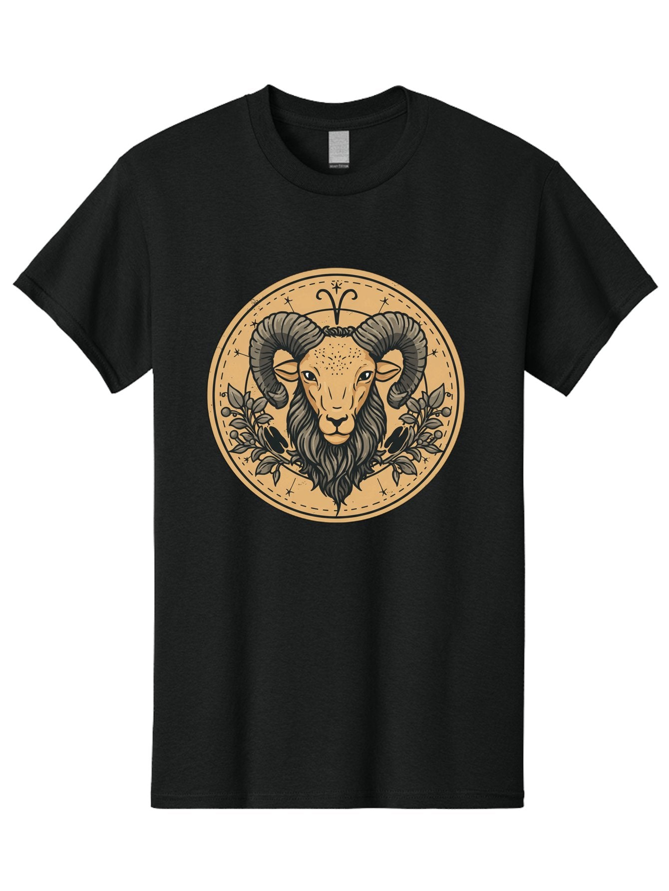 Aries-Zodiac-Sign-1 Men'S Graphic Tee, 100% Cotton, Comfortable Casual Summer Wear, Machine Washable, Aries Zodiac Sign, Ram Symbol, Astrological Illustration, Black And Beige Design, Floral Elements, Stars And Constellations, Bae119 5