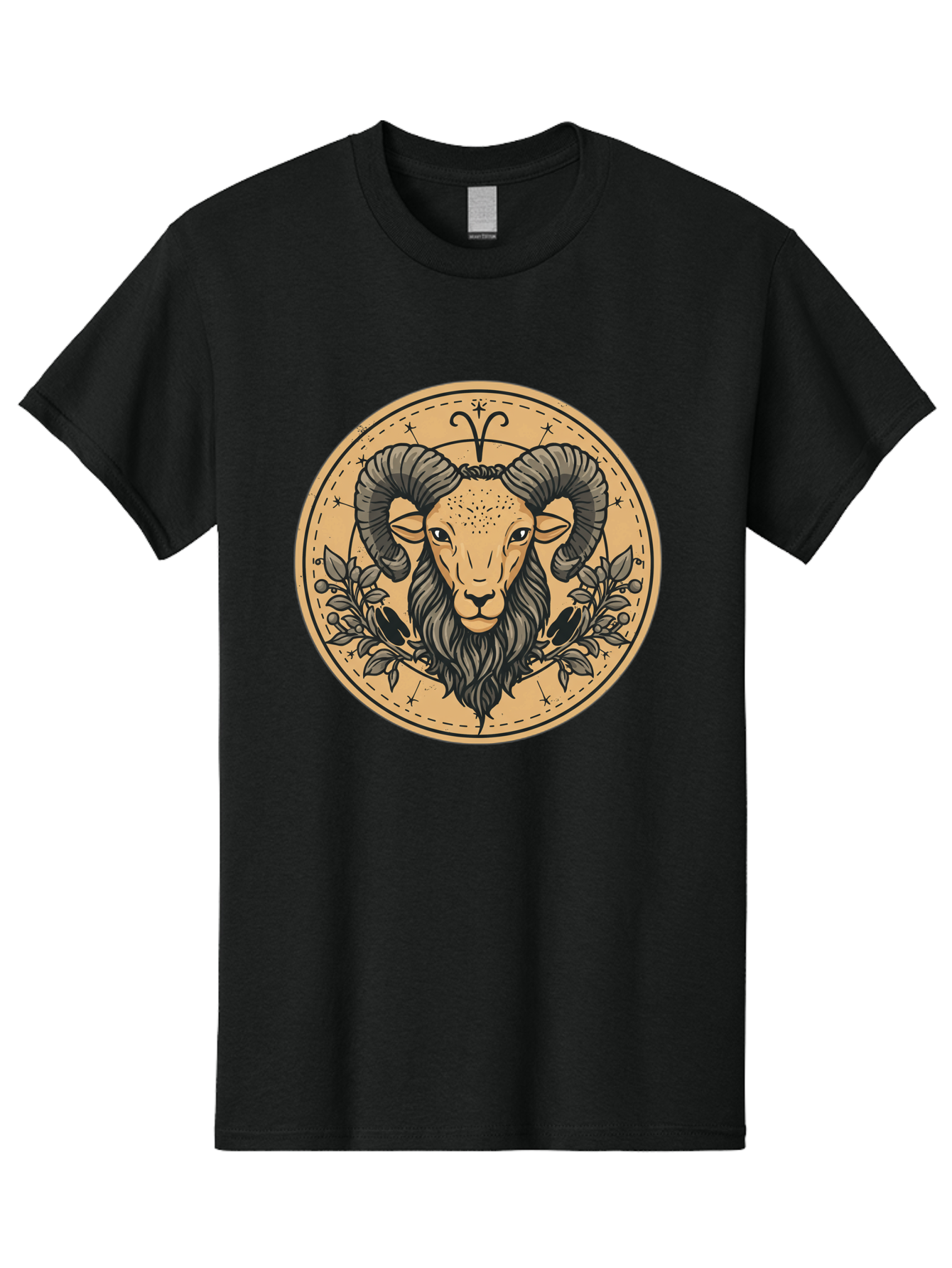 Aries-Zodiac-Sign-1 Men'S Graphic Tee, 100% Cotton, Comfortable Casual Summer Wear, Machine Washable, Aries Zodiac Sign, Ram Symbol, Astrological Illustration, Black And Beige Design, Floral Elements, Stars And Constellations, Bae119 8
