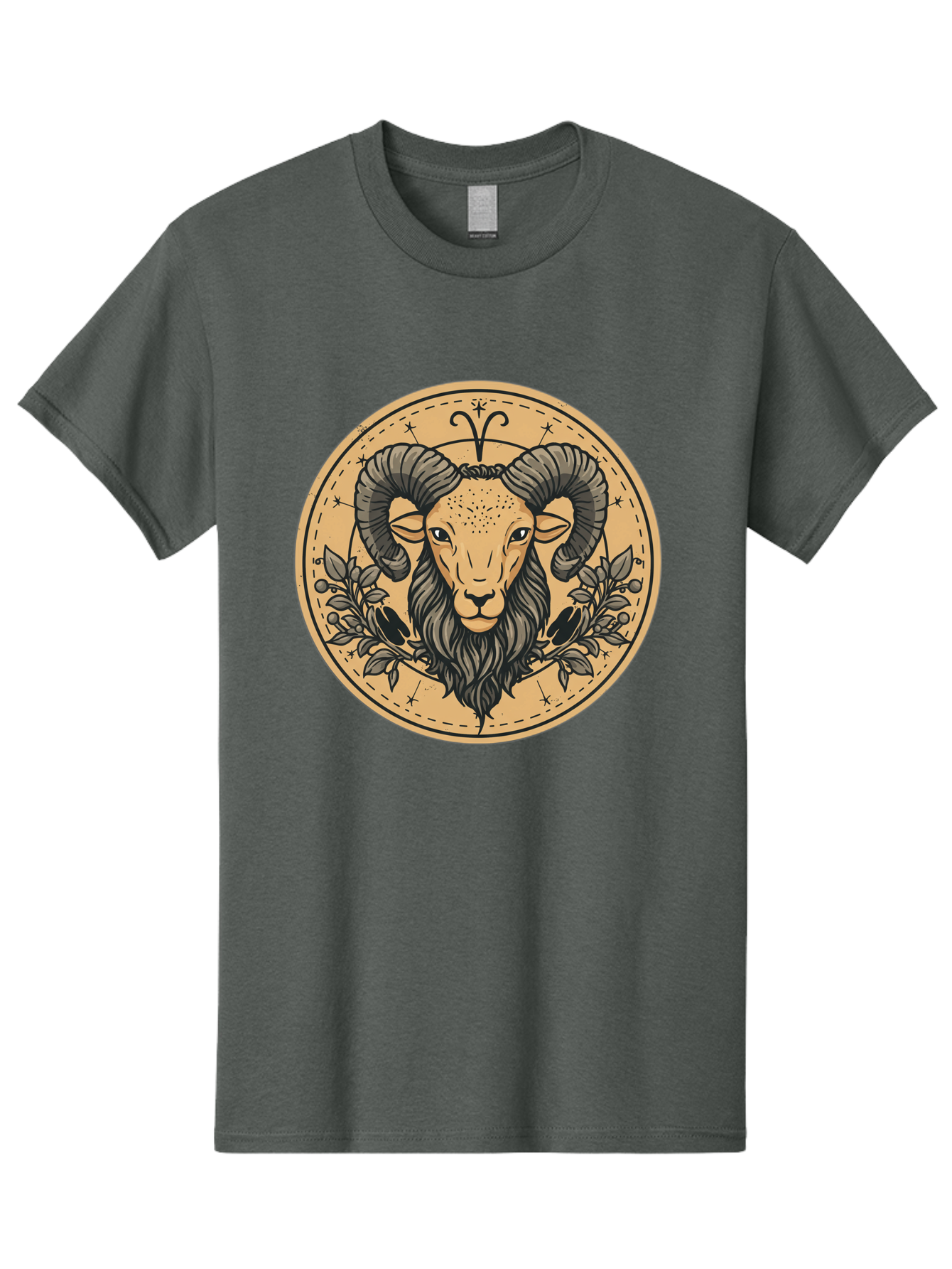 Aries-Zodiac-Sign-1 Men'S Graphic Tee, 100% Cotton, Comfortable Casual Summer Wear, Machine Washable, Aries Zodiac Sign, Ram Symbol, Astrological Illustration, Black And Beige Design, Floral Elements, Stars And Constellations, Bae119 13