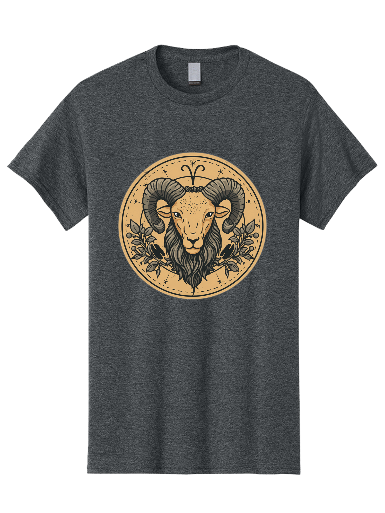 Aries-Zodiac-Sign-1 Men'S Graphic Tee, 100% Cotton, Comfortable Casual Summer Wear, Machine Washable, Aries Zodiac Sign, Ram Symbol, Astrological Illustration, Black And Beige Design, Floral Elements, Stars And Constellations, Bae119 3