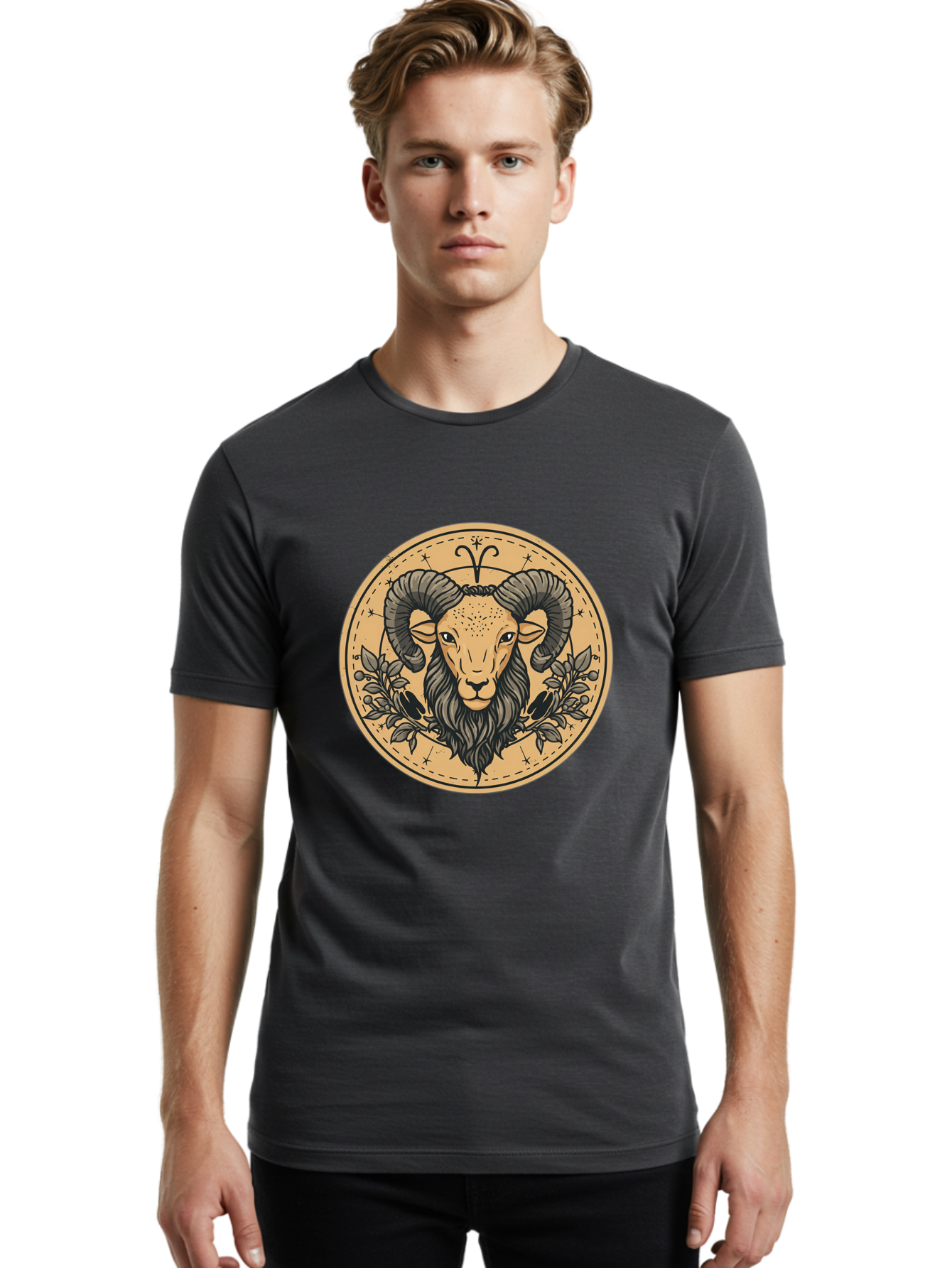 Aries-Zodiac-Sign-1 Men'S Graphic Tee, 100% Cotton, Comfortable Casual Summer Wear, Machine Washable, Aries Zodiac Sign, Ram Symbol, Astrological Illustration, Black And Beige Design, Floral Elements, Stars And Constellations, Bae119 18