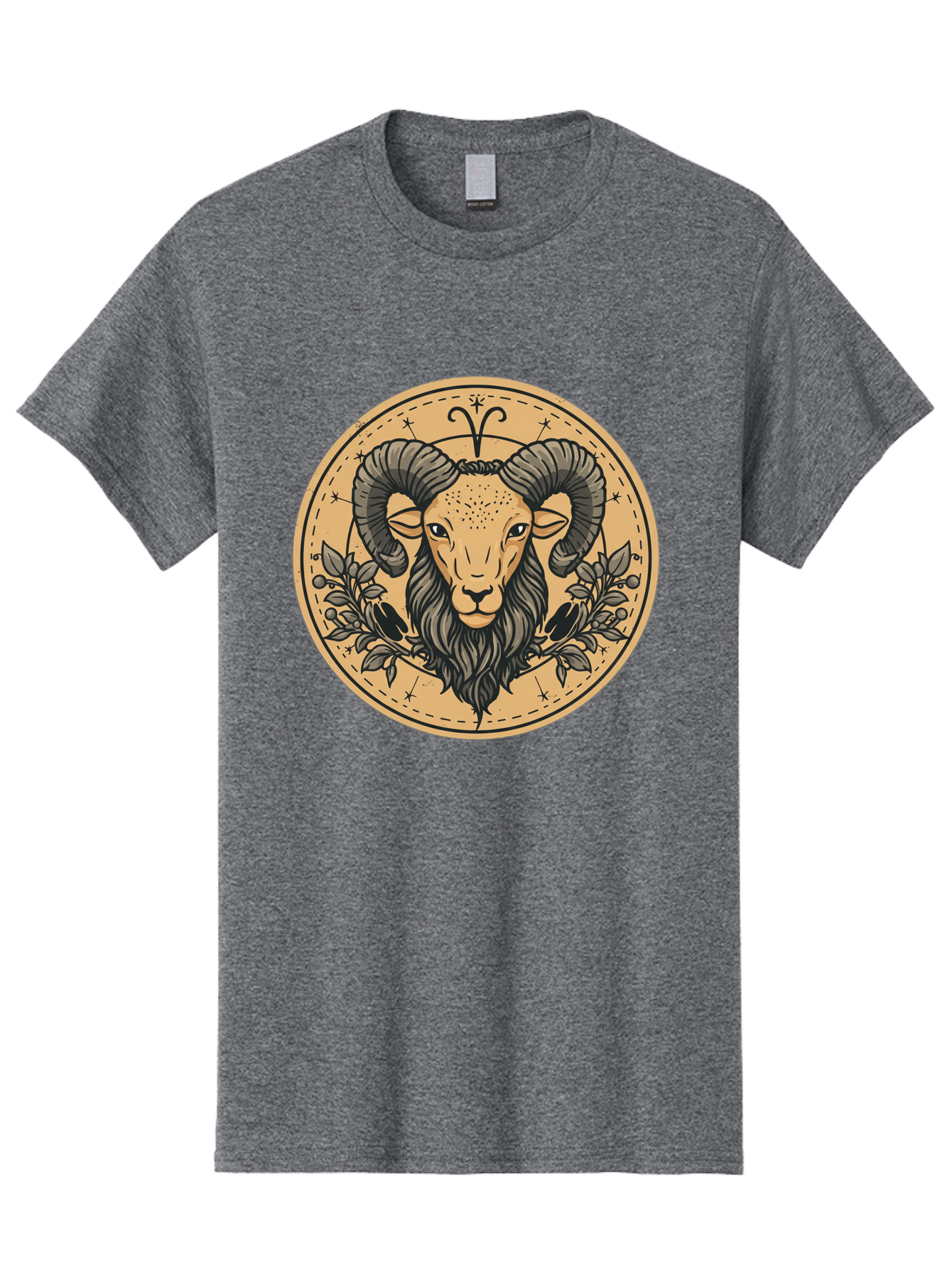 Aries-Zodiac-Sign-1 Men'S Graphic Tee, 100% Cotton, Comfortable Casual Summer Wear, Machine Washable, Aries Zodiac Sign, Ram Symbol, Astrological Illustration, Black And Beige Design, Floral Elements, Stars And Constellations, Bae119 5