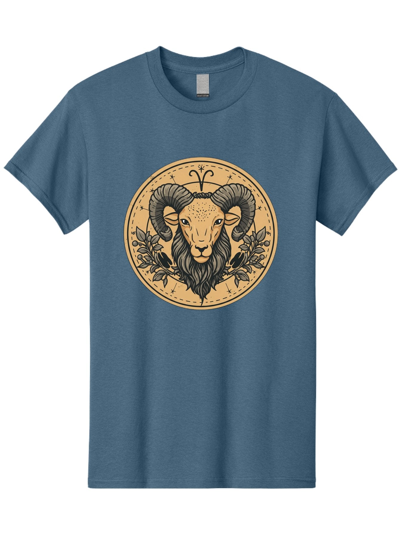 Aries-Zodiac-Sign-1 Men'S Graphic Tee, 100% Cotton, Comfortable Casual Summer Wear, Machine Washable, Aries Zodiac Sign, Ram Symbol, Astrological Illustration, Black And Beige Design, Floral Elements, Stars And Constellations, Bae119 10