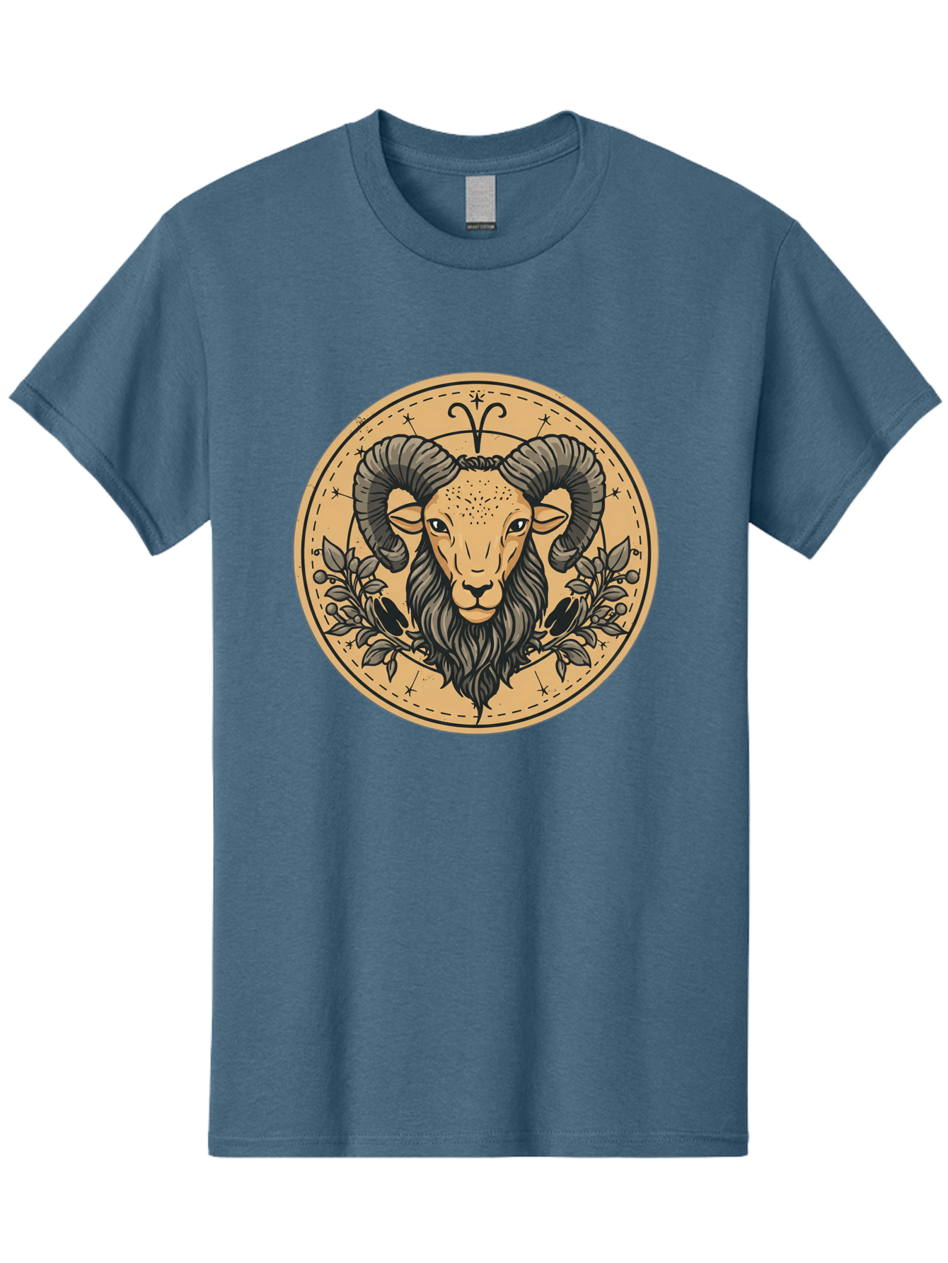 Aries-Zodiac-Sign-1 Men'S Graphic Tee, 100% Cotton, Comfortable Casual Summer Wear, Machine Washable, Aries Zodiac Sign, Ram Symbol, Astrological Illustration, Black And Beige Design, Floral Elements, Stars And Constellations, Bae119 14
