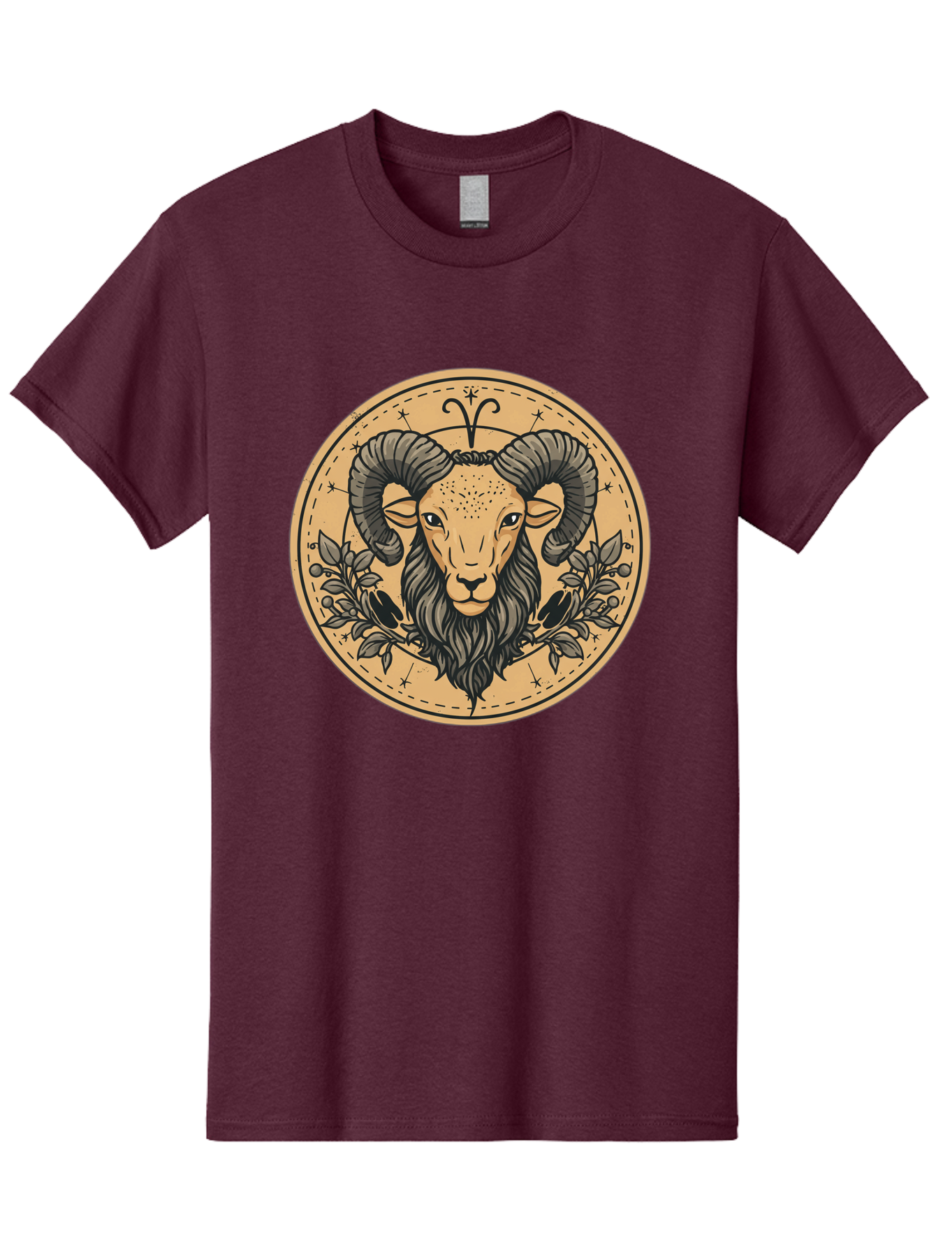 Aries-Zodiac-Sign-1 Men'S Graphic Tee, 100% Cotton, Comfortable Casual Summer Wear, Machine Washable, Aries Zodiac Sign, Ram Symbol, Astrological Illustration, Black And Beige Design, Floral Elements, Stars And Constellations, Bae119 4