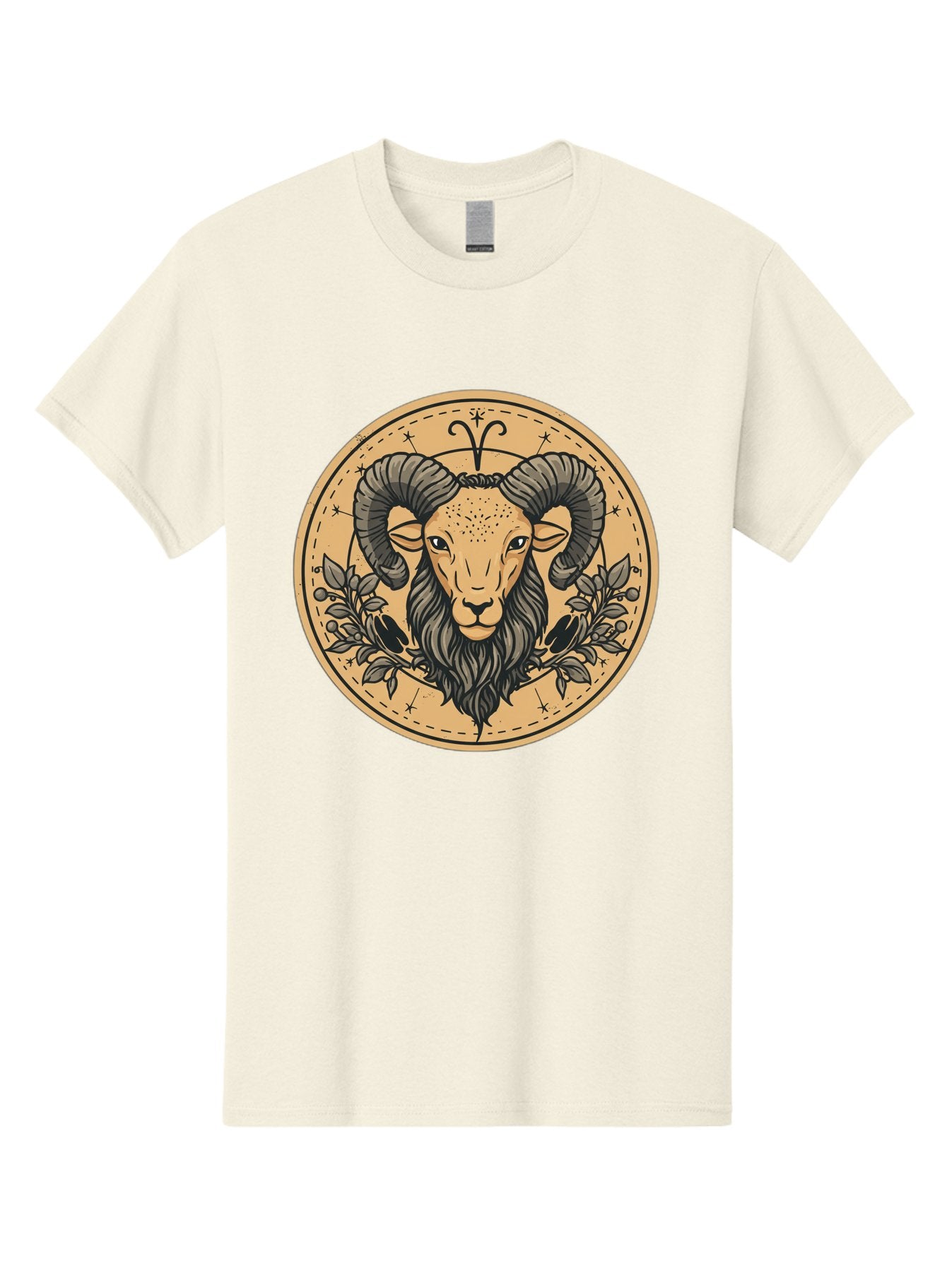 Aries-Zodiac-Sign-1 Men'S Graphic Tee, 100% Cotton, Comfortable Casual Summer Wear, Machine Washable, Aries Zodiac Sign, Ram Symbol, Astrological Illustration, Black And Beige Design, Floral Elements, Stars And Constellations, Bae119