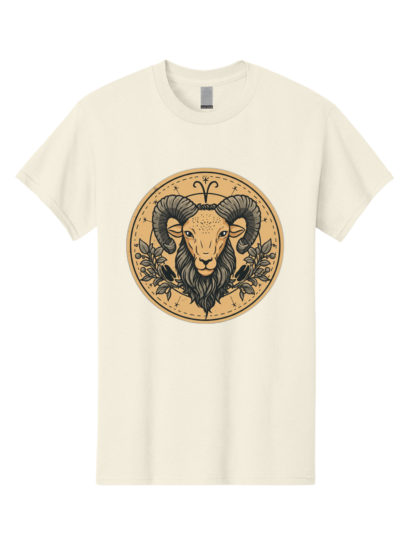 Aries-Zodiac-Sign-1 Men'S Graphic Tee, 100% Cotton, Comfortable Casual Summer Wear, Machine Washable, Aries Zodiac Sign, Ram Symbol, Astrological Illustration, Black And Beige Design, Floral Elements, Stars And Constellations, Bae119 11