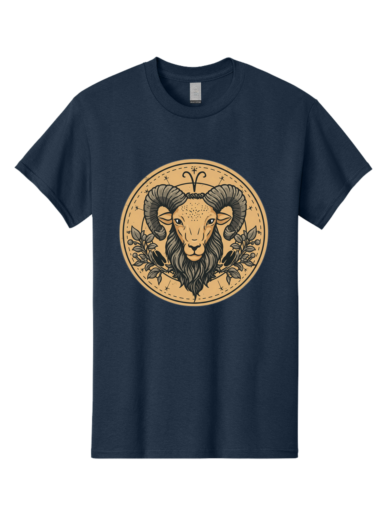 Aries-Zodiac-Sign-1 Men'S Graphic Tee, 100% Cotton, Comfortable Casual Summer Wear, Machine Washable, Aries Zodiac Sign, Ram Symbol, Astrological Illustration, Black And Beige Design, Floral Elements, Stars And Constellations, Bae119 7