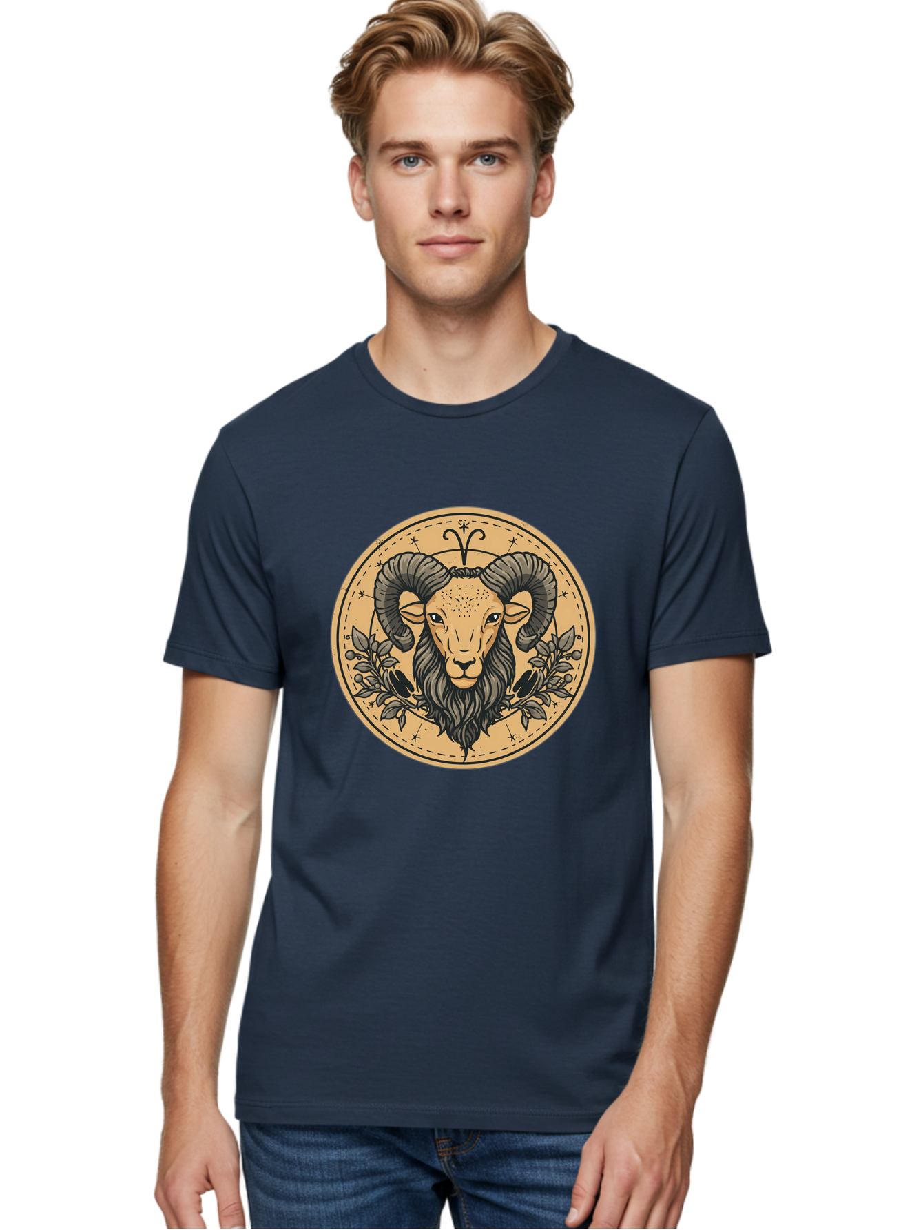 Aries-Zodiac-Sign-1 Men'S Graphic Tee, 100% Cotton, Comfortable Casual Summer Wear, Machine Washable, Aries Zodiac Sign, Ram Symbol, Astrological Illustration, Black And Beige Design, Floral Elements, Stars And Constellations, Bae119 22